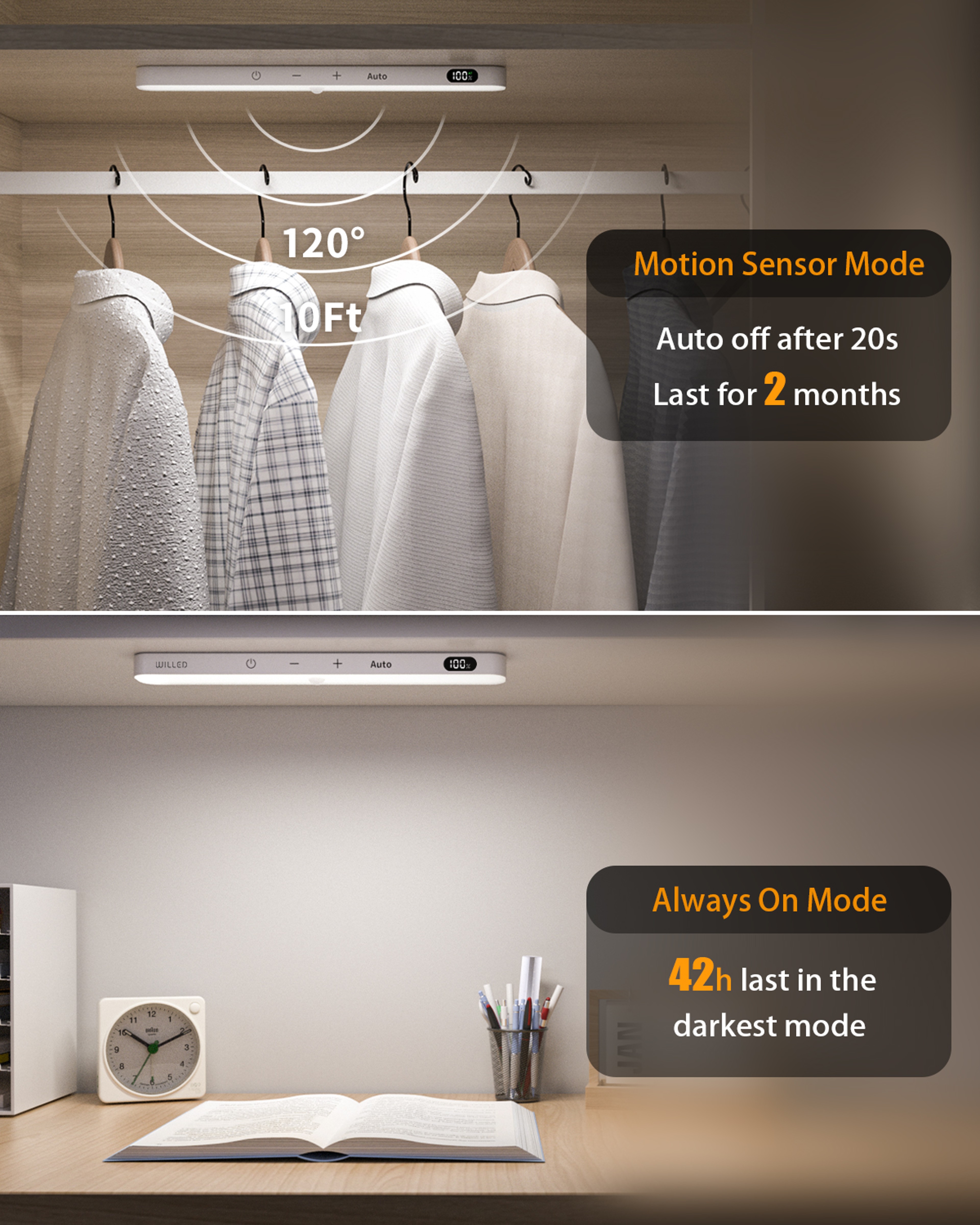 WILLED 60 LED Rechargeable Under Cabinet Lights With Motion Sensor And Battery Display 2