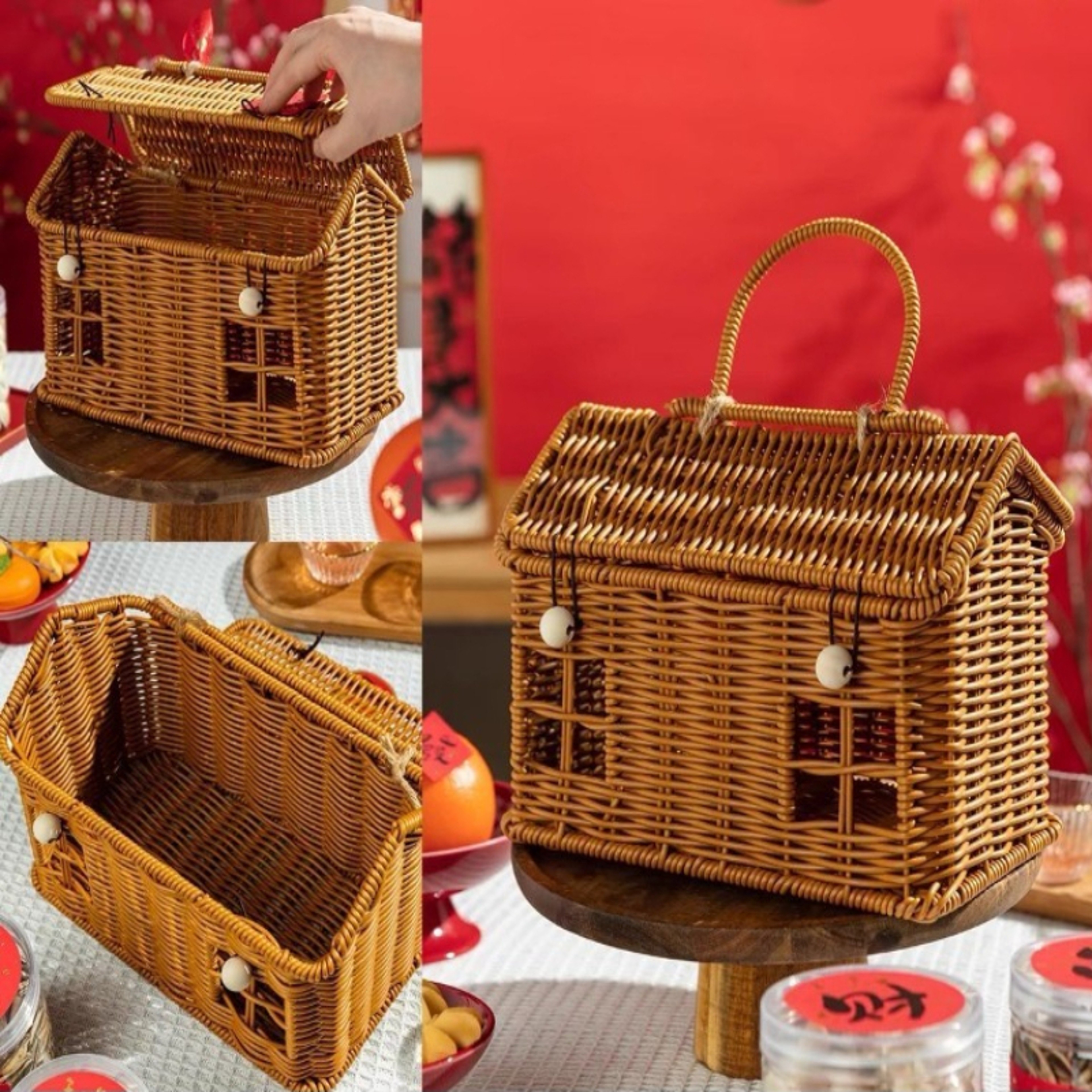 House Shaped Wicker Storage Basket With Lid And Folding Handle 6