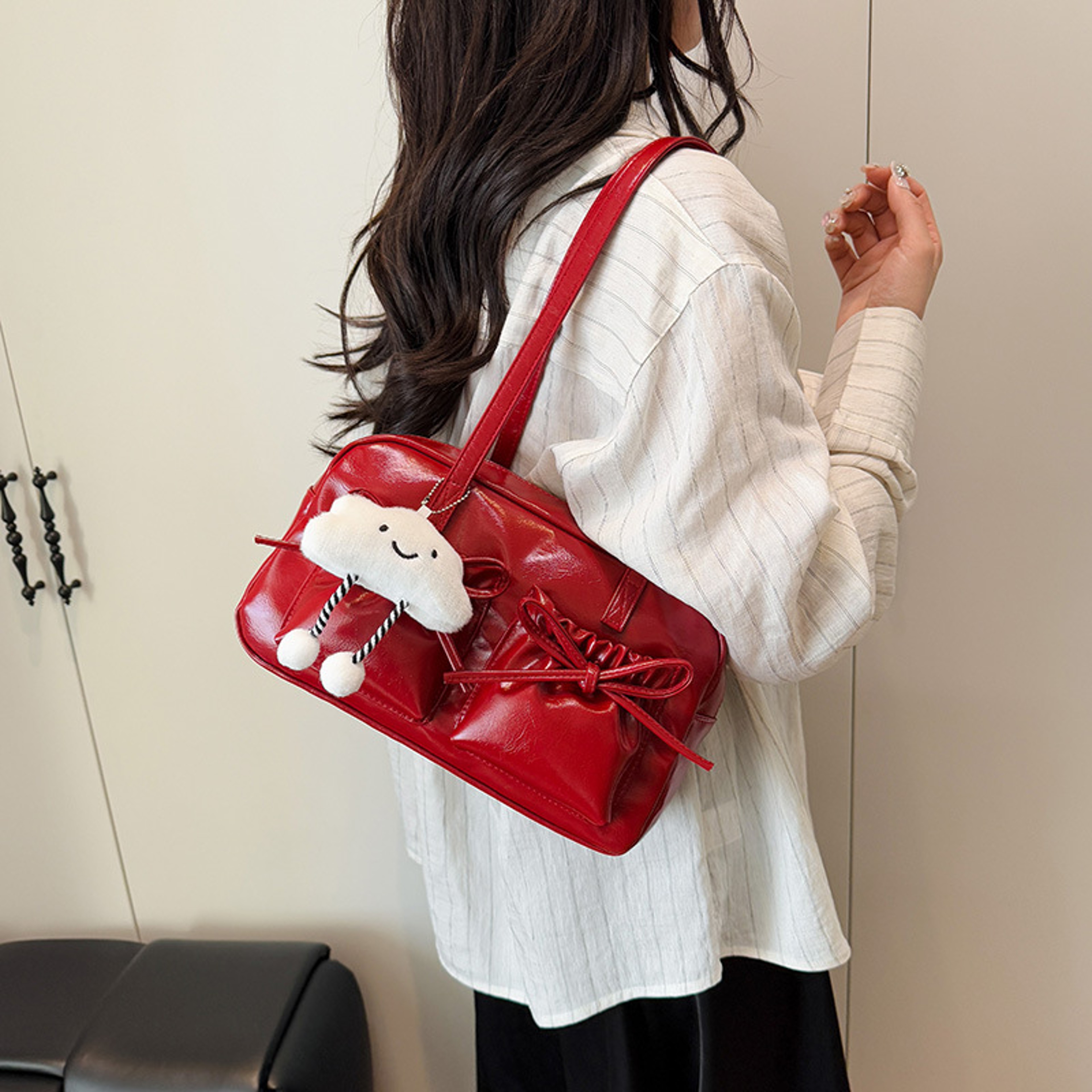 Cloud Charm Faux Leather Shoulder Bag With Bow Accent And Multi Pocket Design 3