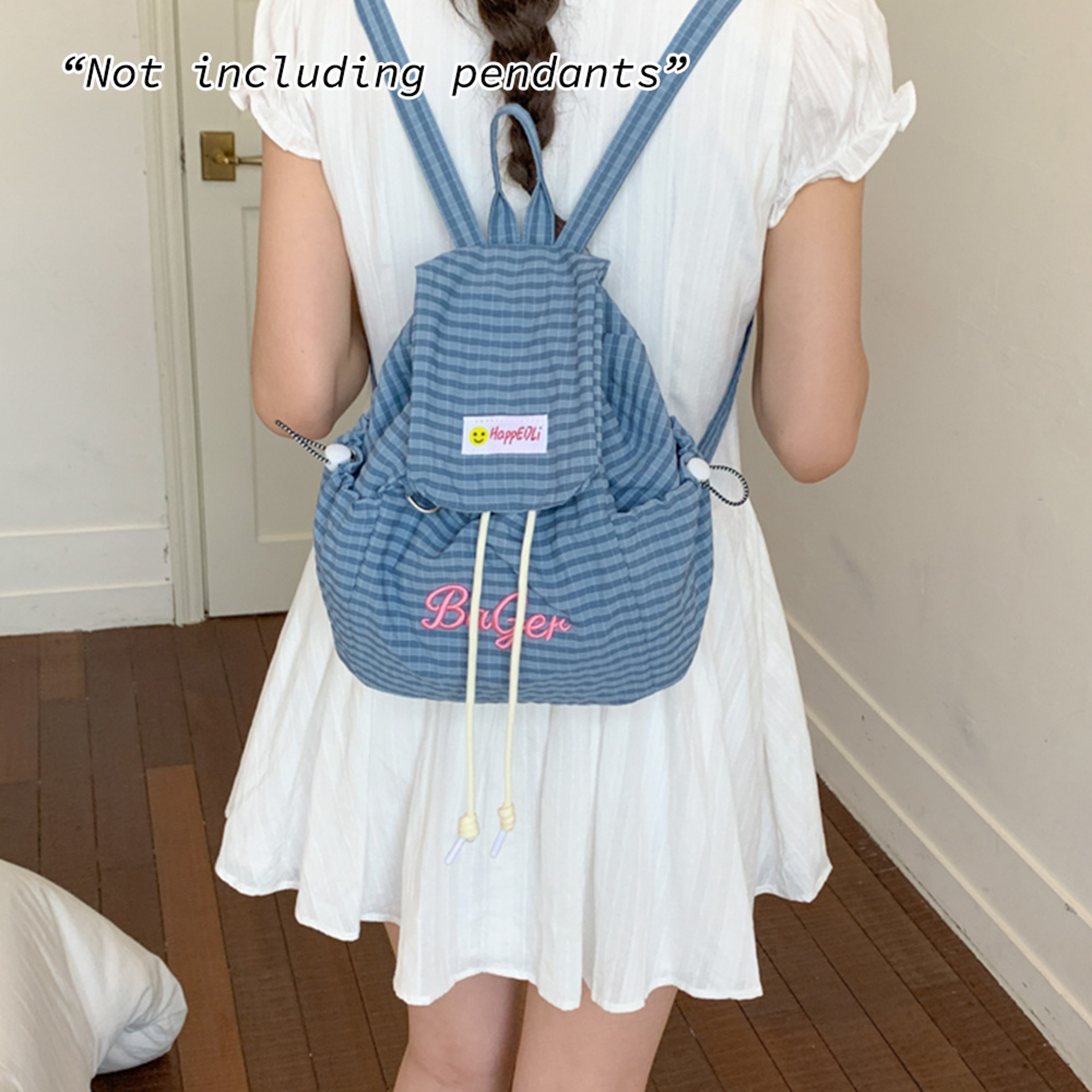 Plaid Mini Drawstring Backpack With Embroidered Letter Casual Campus Daypack 5