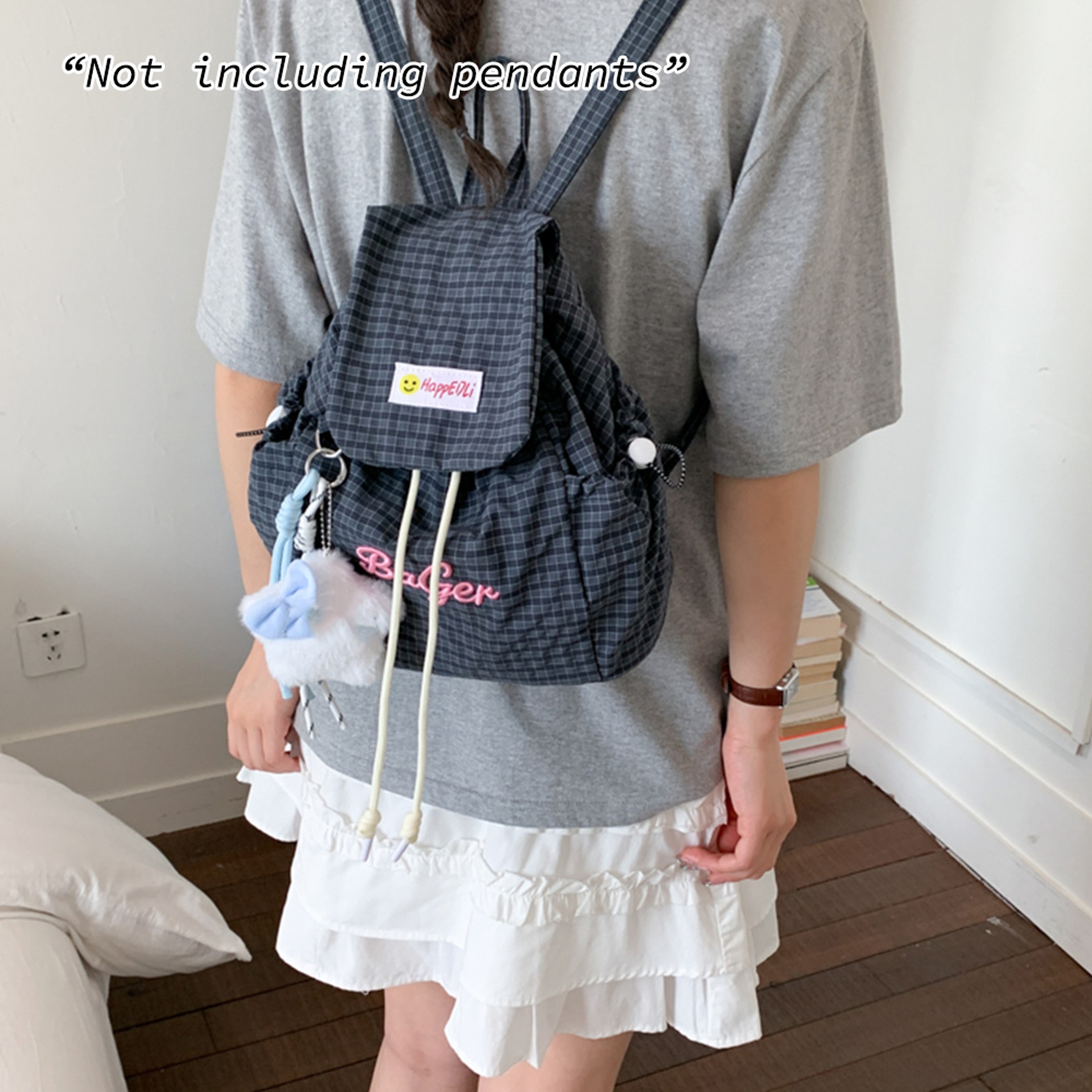 Plaid Mini Drawstring Backpack With Embroidered Letter Casual Campus Daypack 6