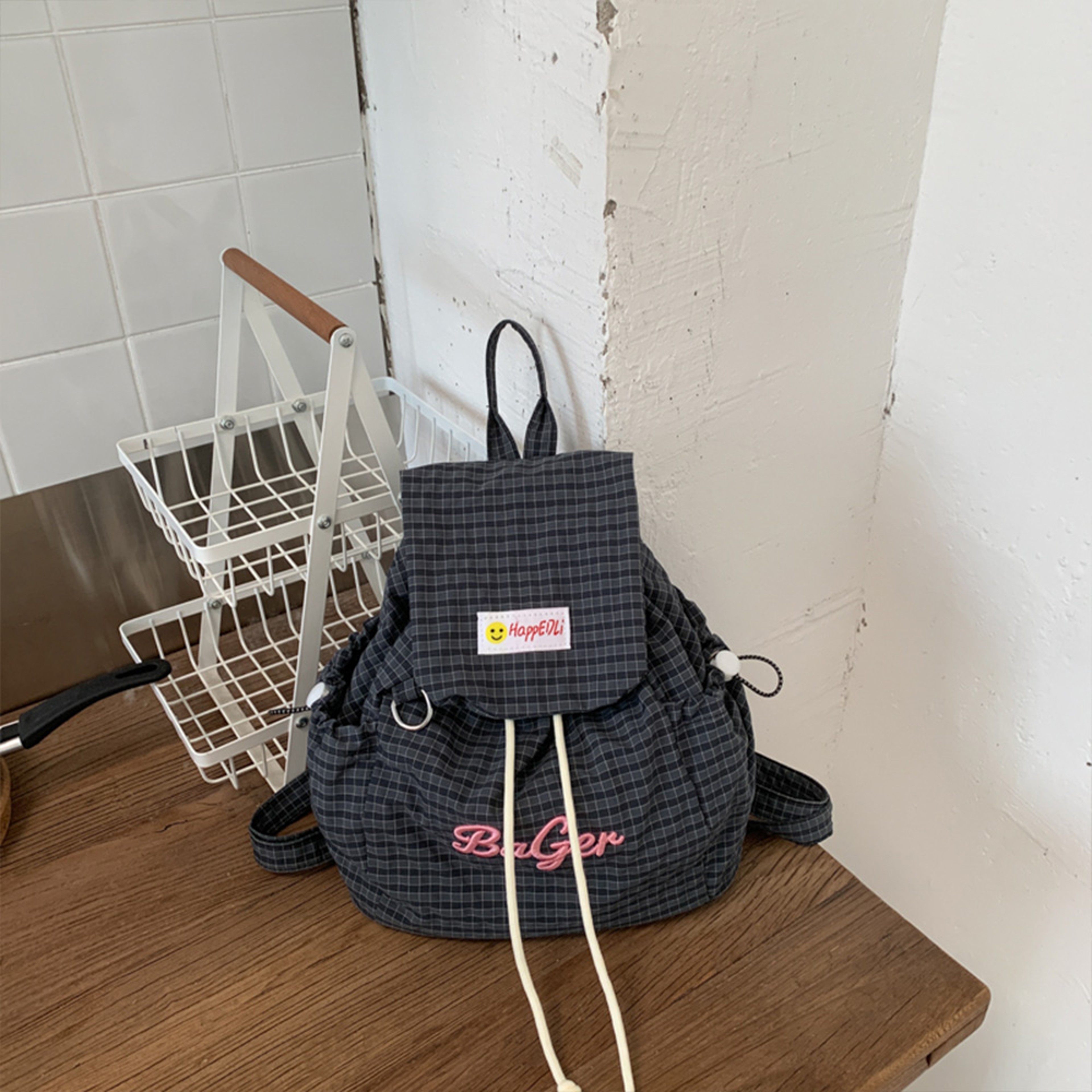 Plaid Mini Drawstring Backpack With Embroidered Letter Casual Campus Daypack 8