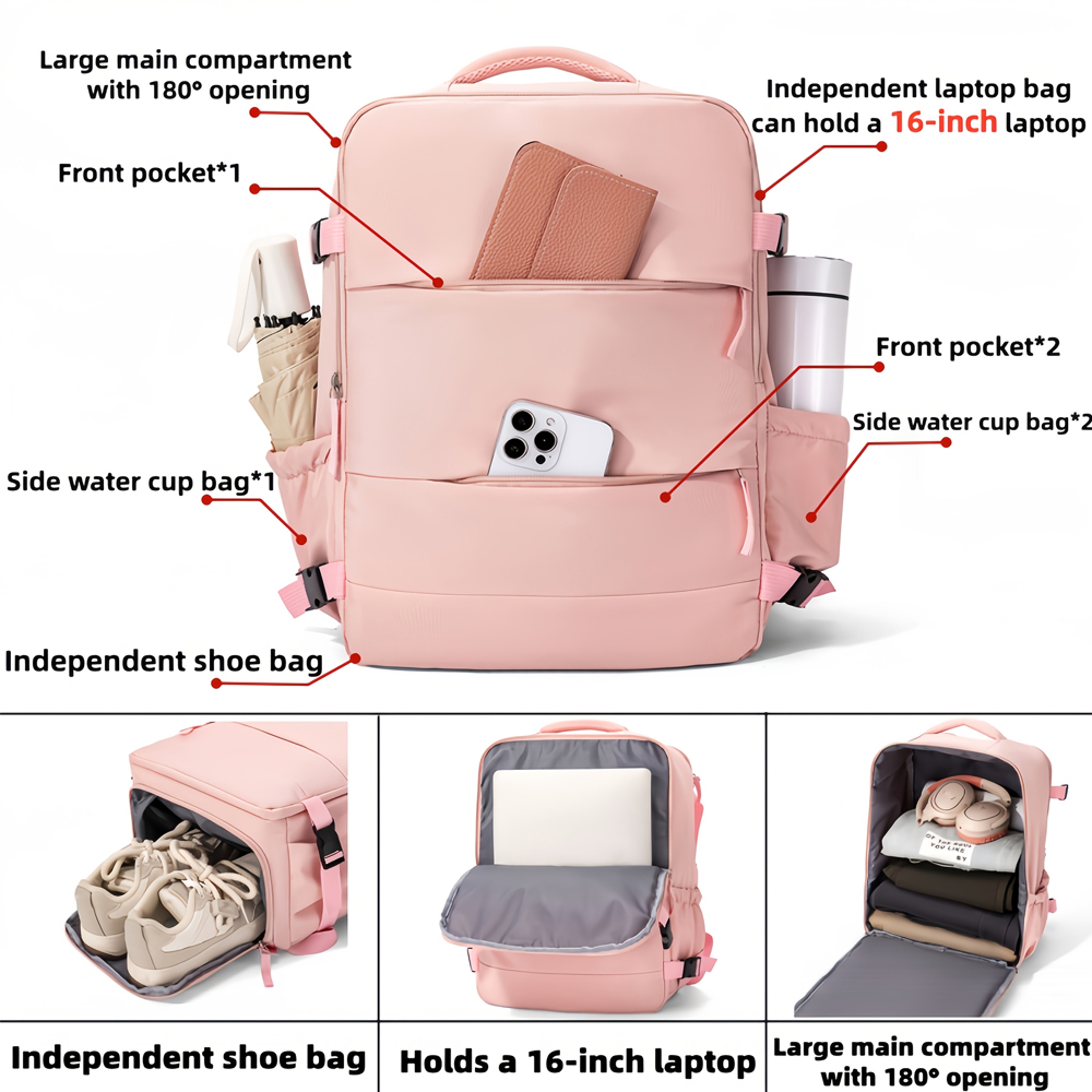 Expandable Carry On Travel Backpack With 180 Degree Opening And Multi Pocket Storage 4
