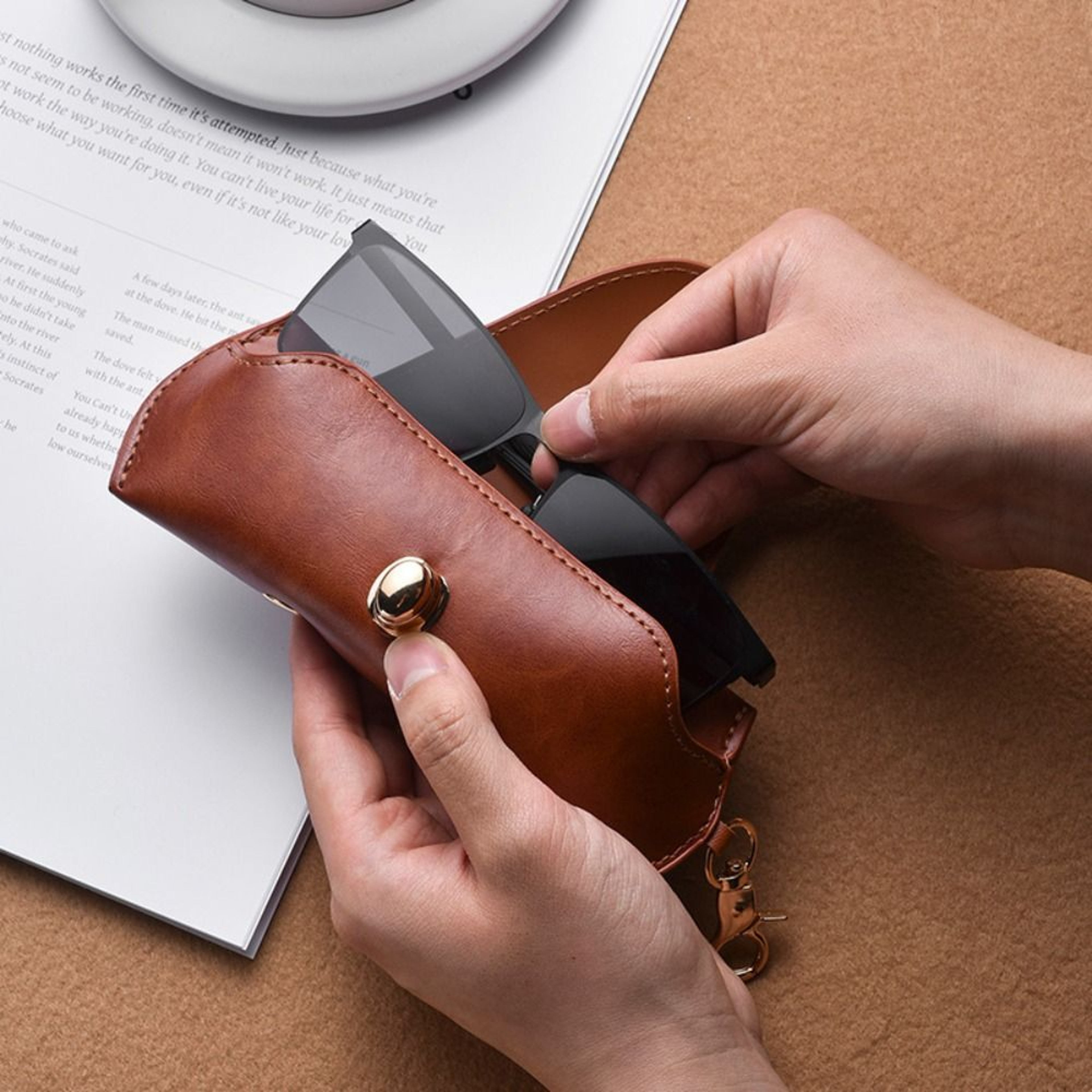Soft Leather Sunglasses Case with Neck Strap Portable Eyeglass Pouch and Clip – view 6