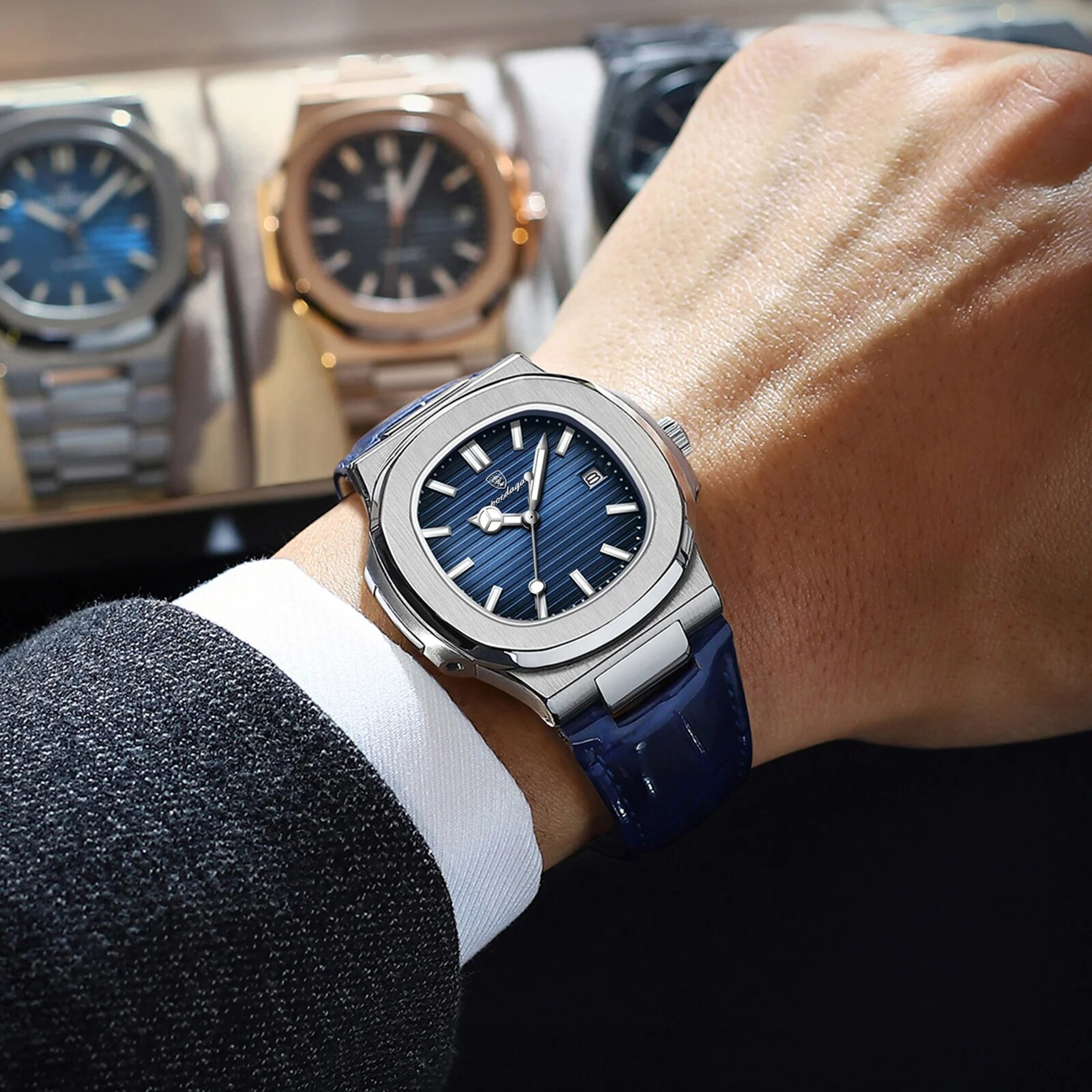 Luxury Square Watch For Men With Leather Strap Luminous Dial And Date 0