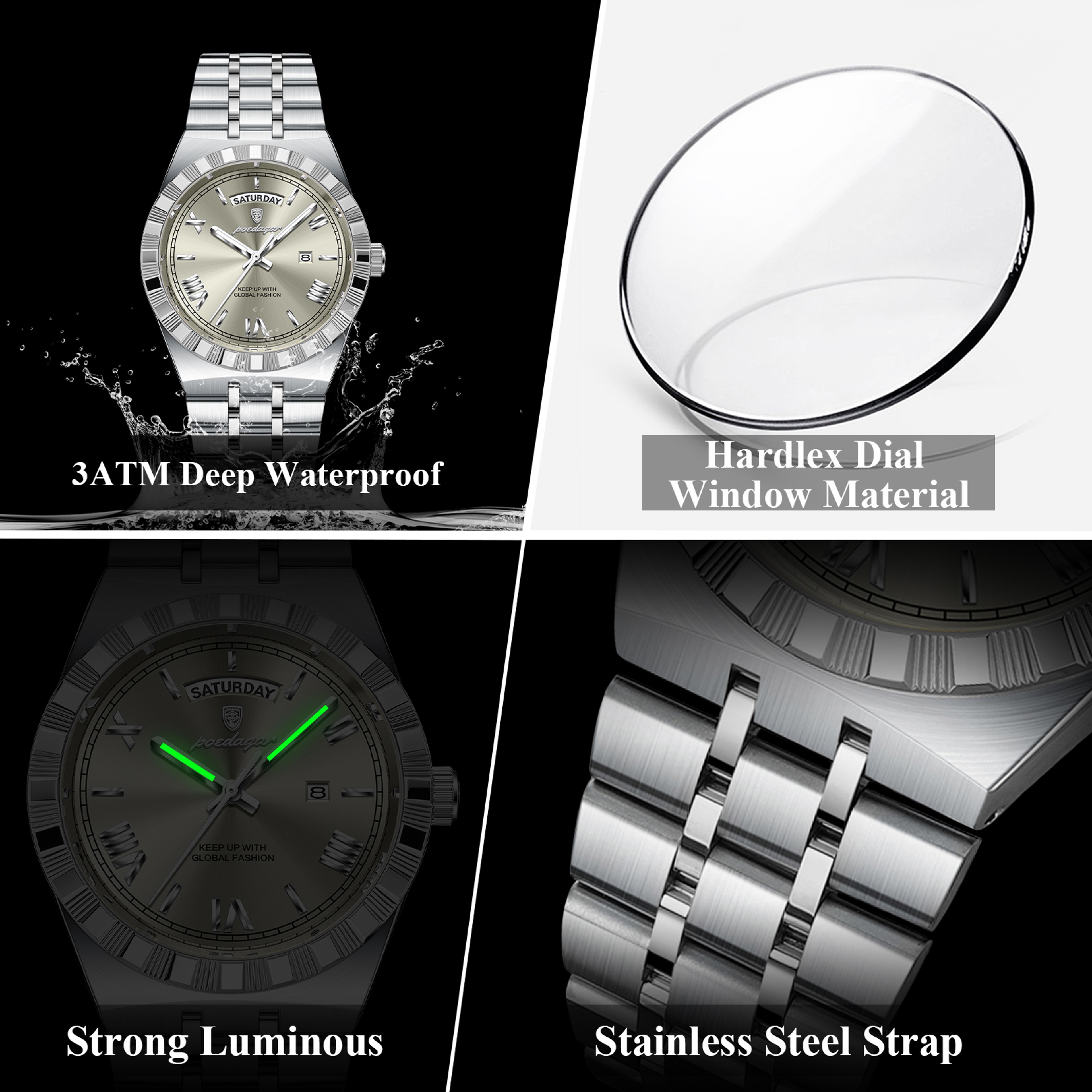 Luxury Mens Quartz Watch With Week Date Luminous Dial And Stainless Steel Band 4