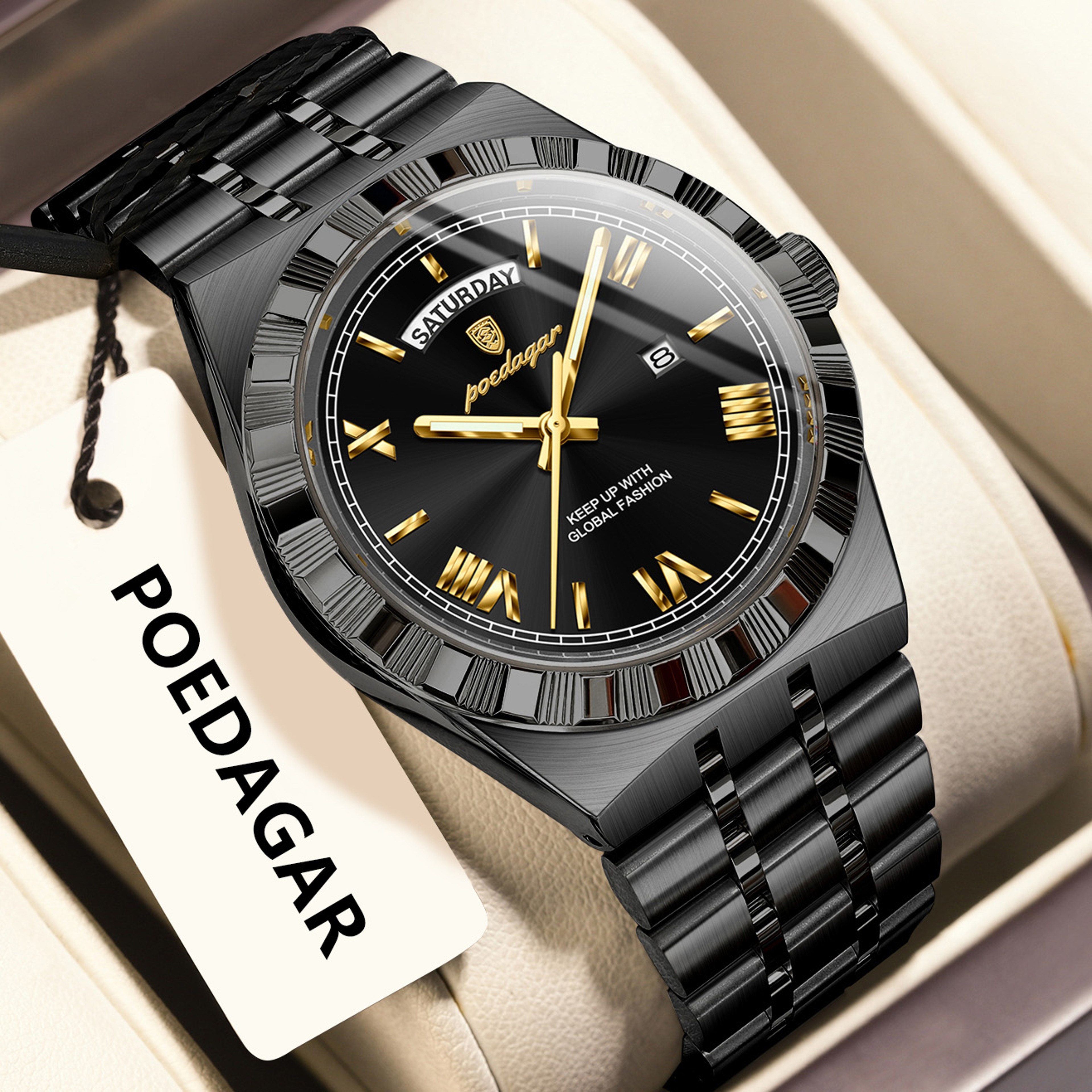 Luxury Mens Quartz Watch With Week Date Luminous Dial And Stainless Steel Band 1