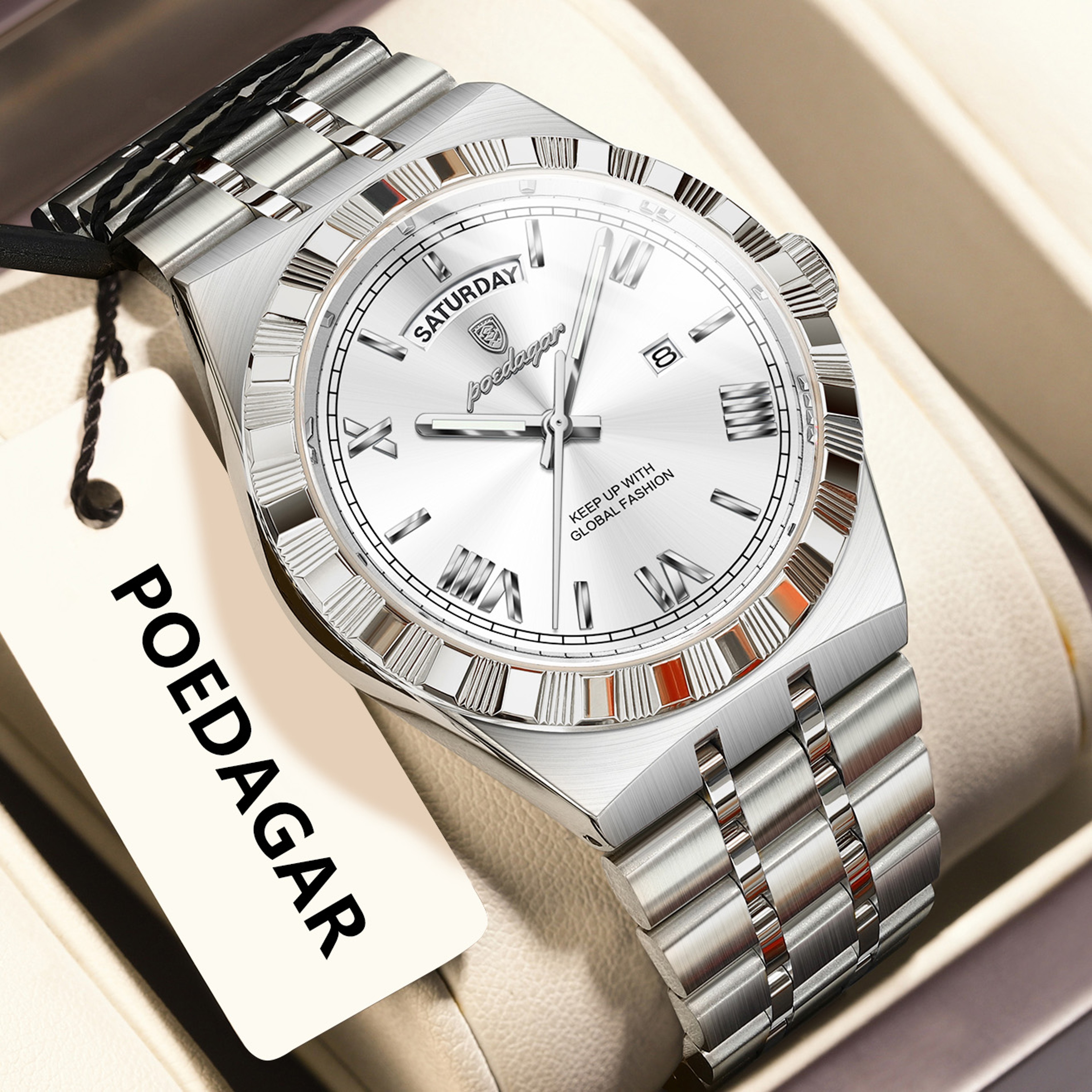 Luxury Mens Quartz Watch With Week Date Luminous Dial And Stainless Steel Band 6