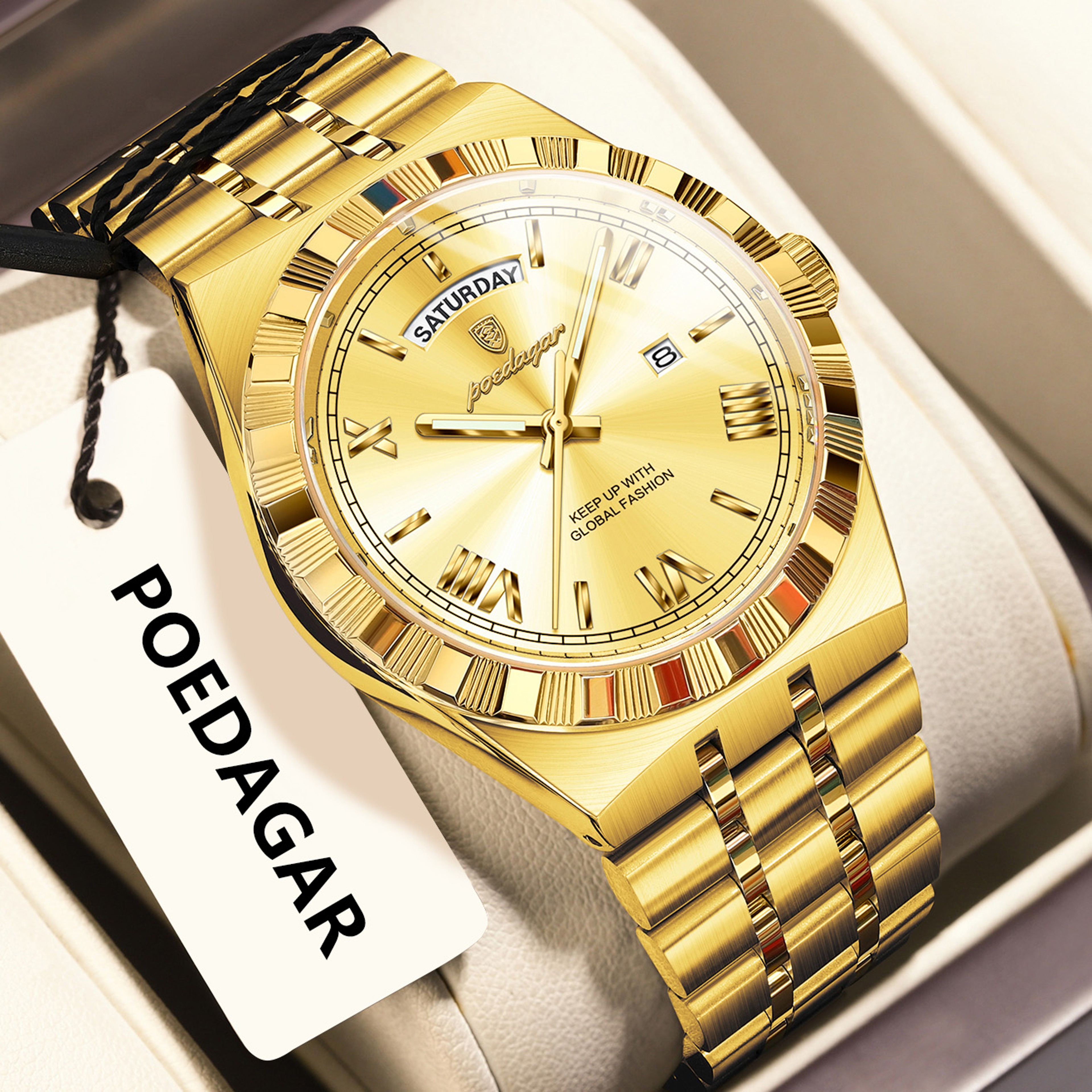 Luxury Mens Quartz Watch With Week Date Luminous Dial And Stainless Steel Band 7