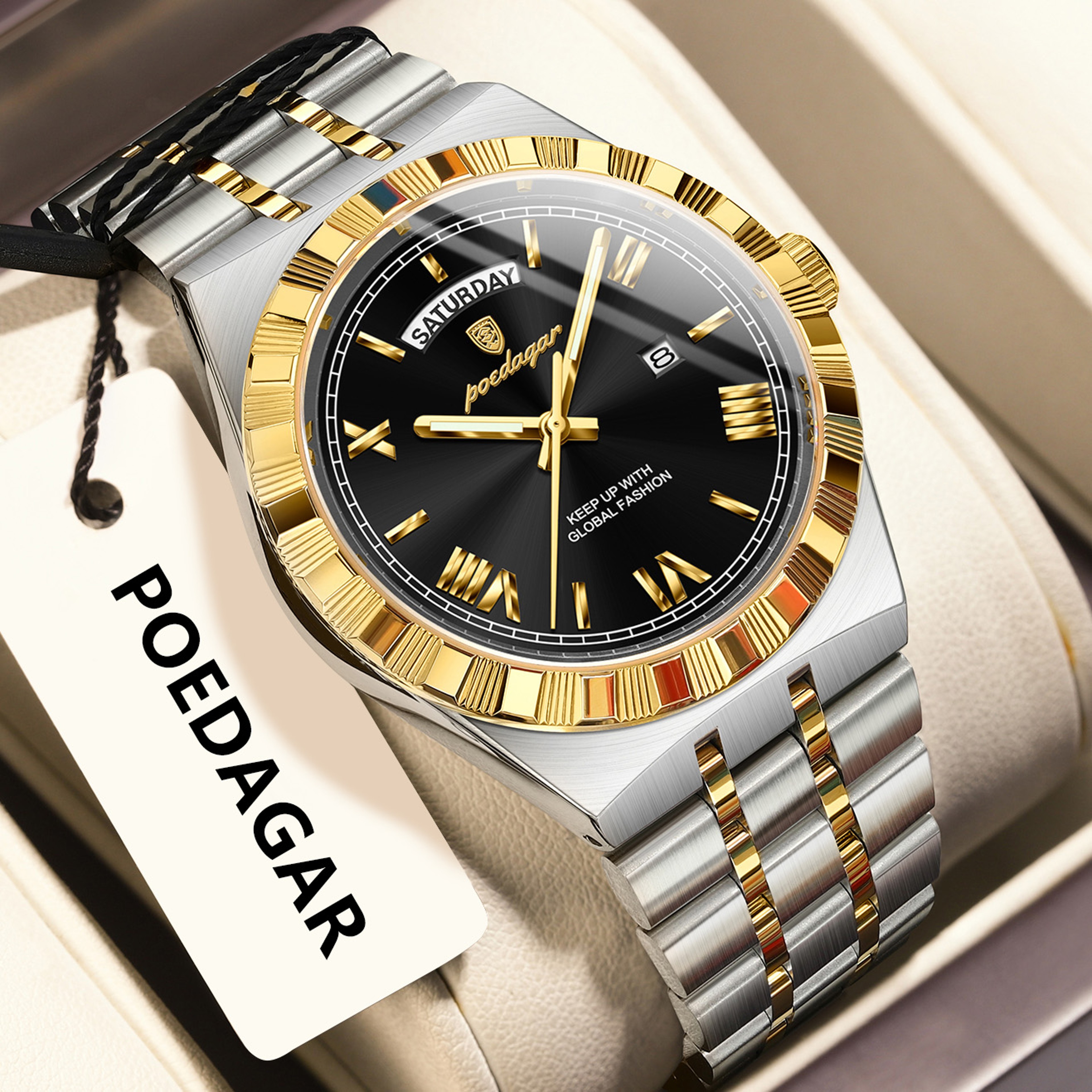 Luxury Mens Quartz Watch With Week Date Luminous Dial And Stainless Steel Band 8