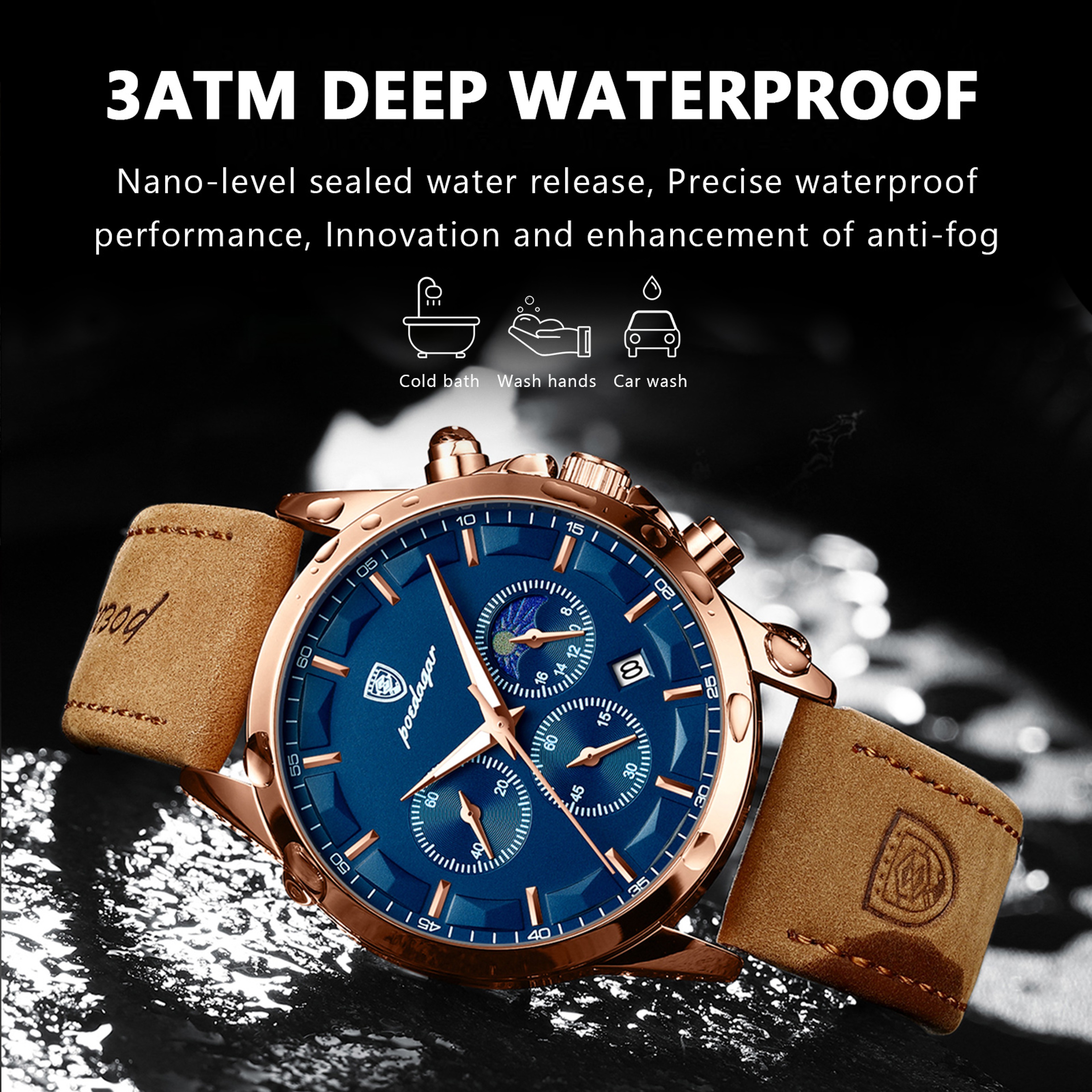 Luxury Mens Chronograph Watch With Leather Strap Luminous Display And Date 3