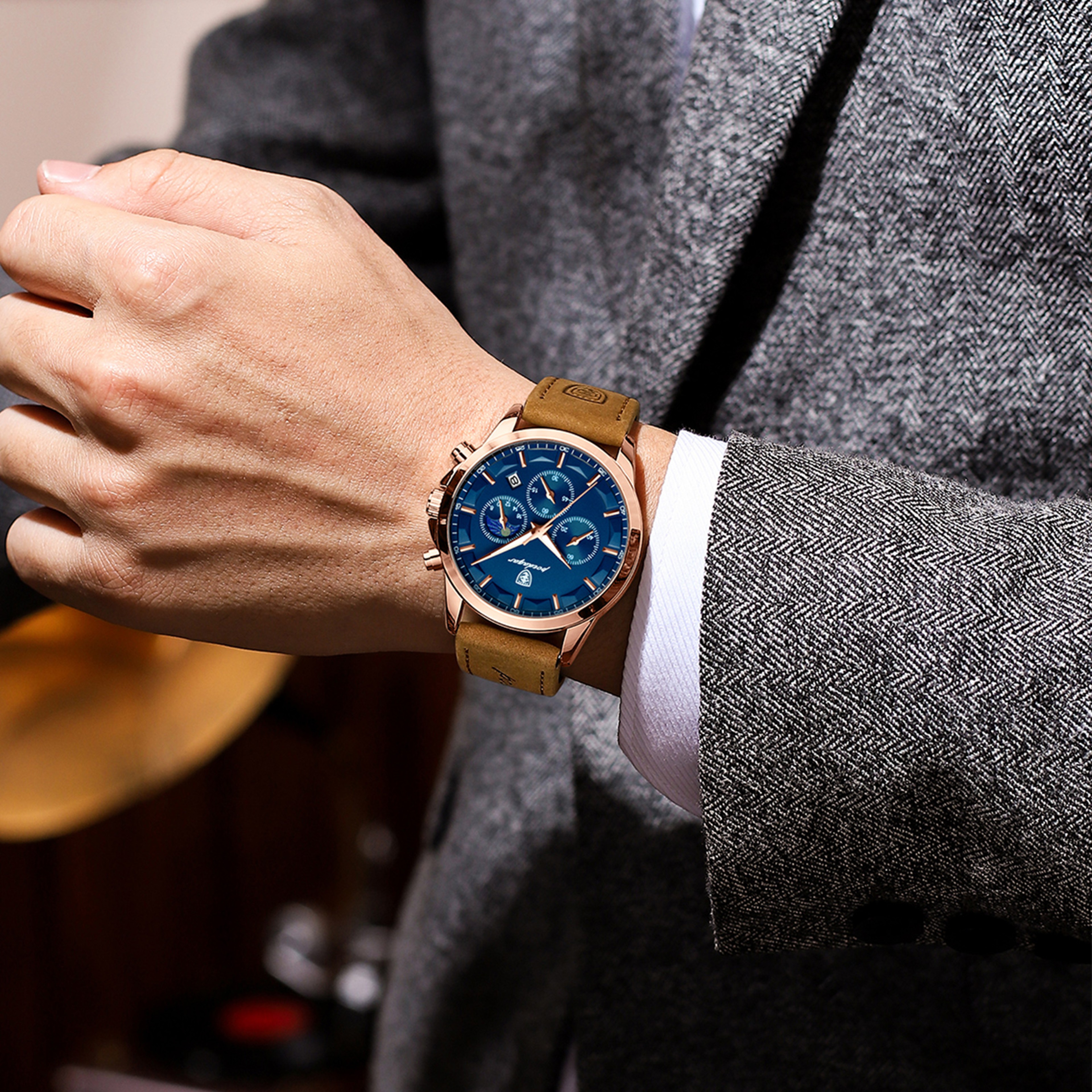 Luxury Mens Chronograph Watch With Leather Strap Luminous Display And Date 6