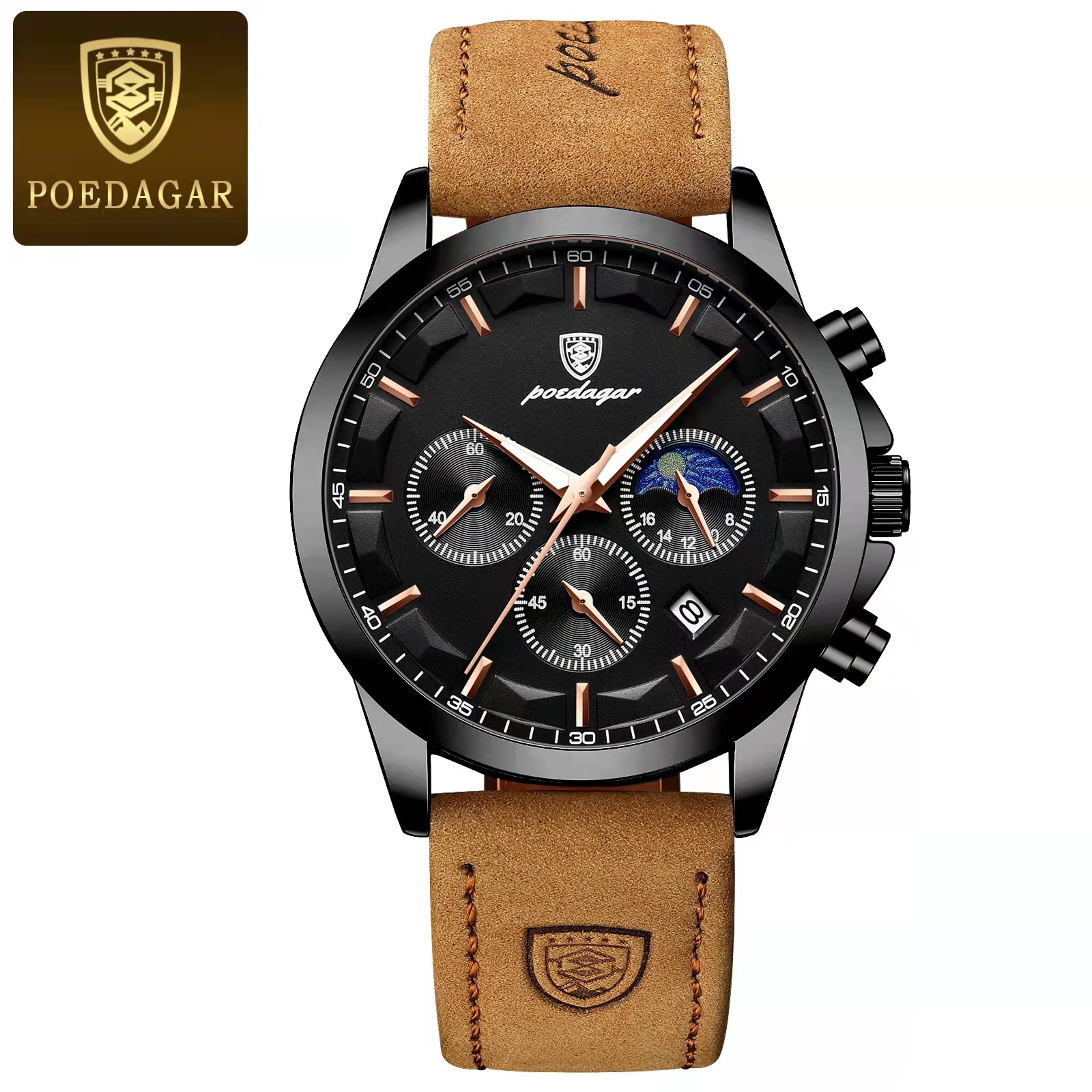Luxury Mens Chronograph Watch With Leather Strap Luminous Display And Date 8