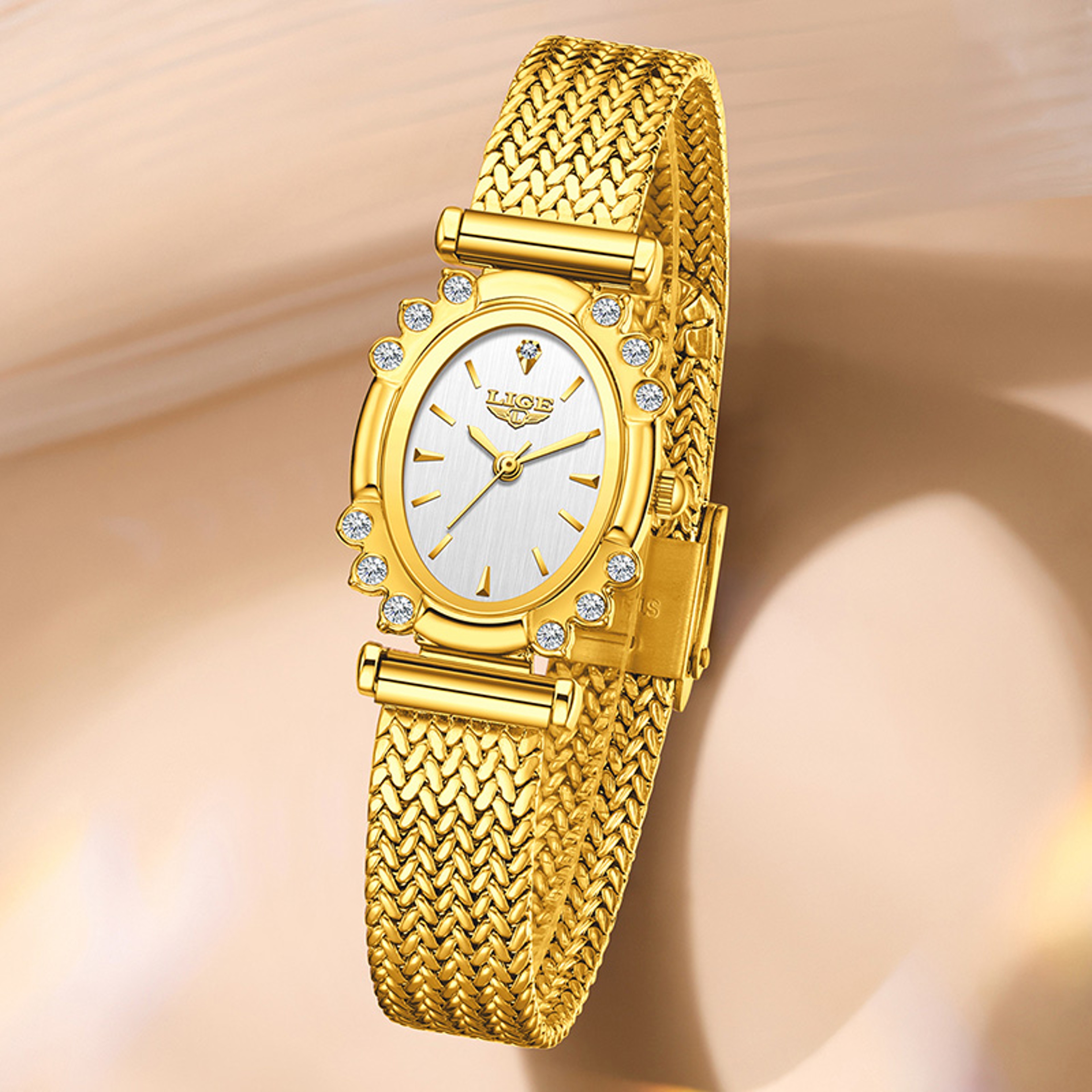 Gold Square Watch For Women Ultra Thin Quartz Mesh Bracelet Watch 6