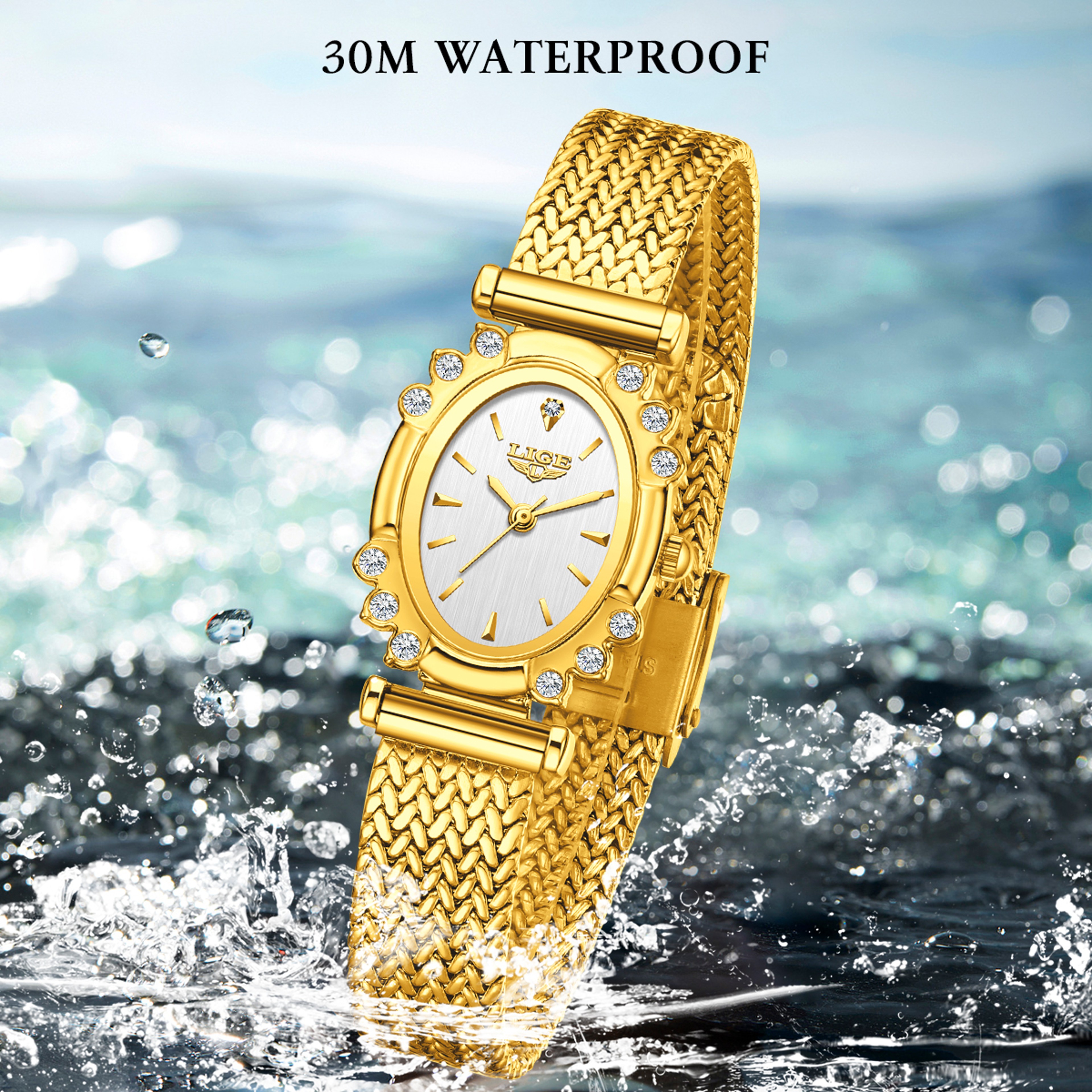 Gold Square Watch For Women Ultra Thin Quartz Mesh Bracelet Watch 8
