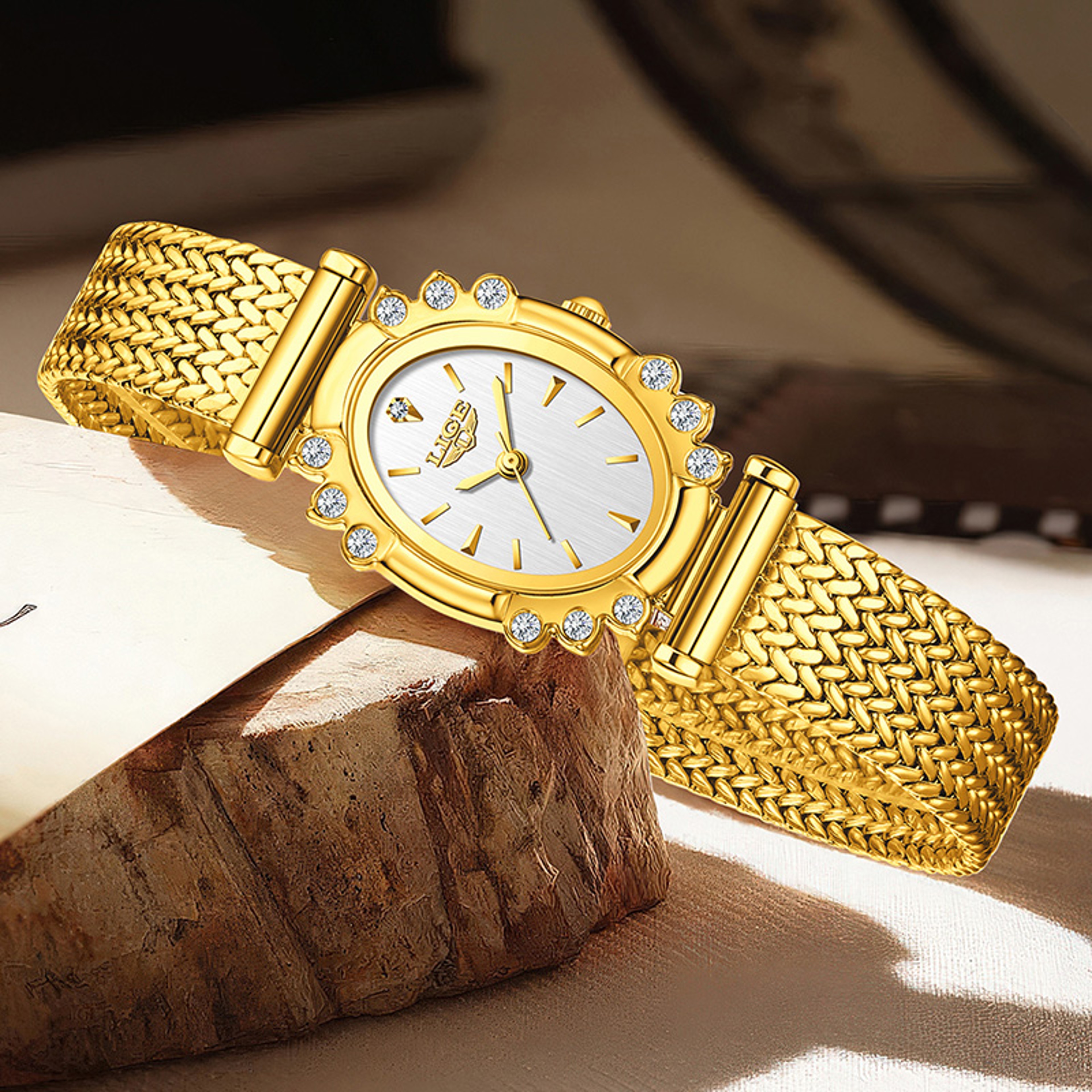 Gold Square Watch For Women Ultra Thin Quartz Mesh Bracelet Watch 7