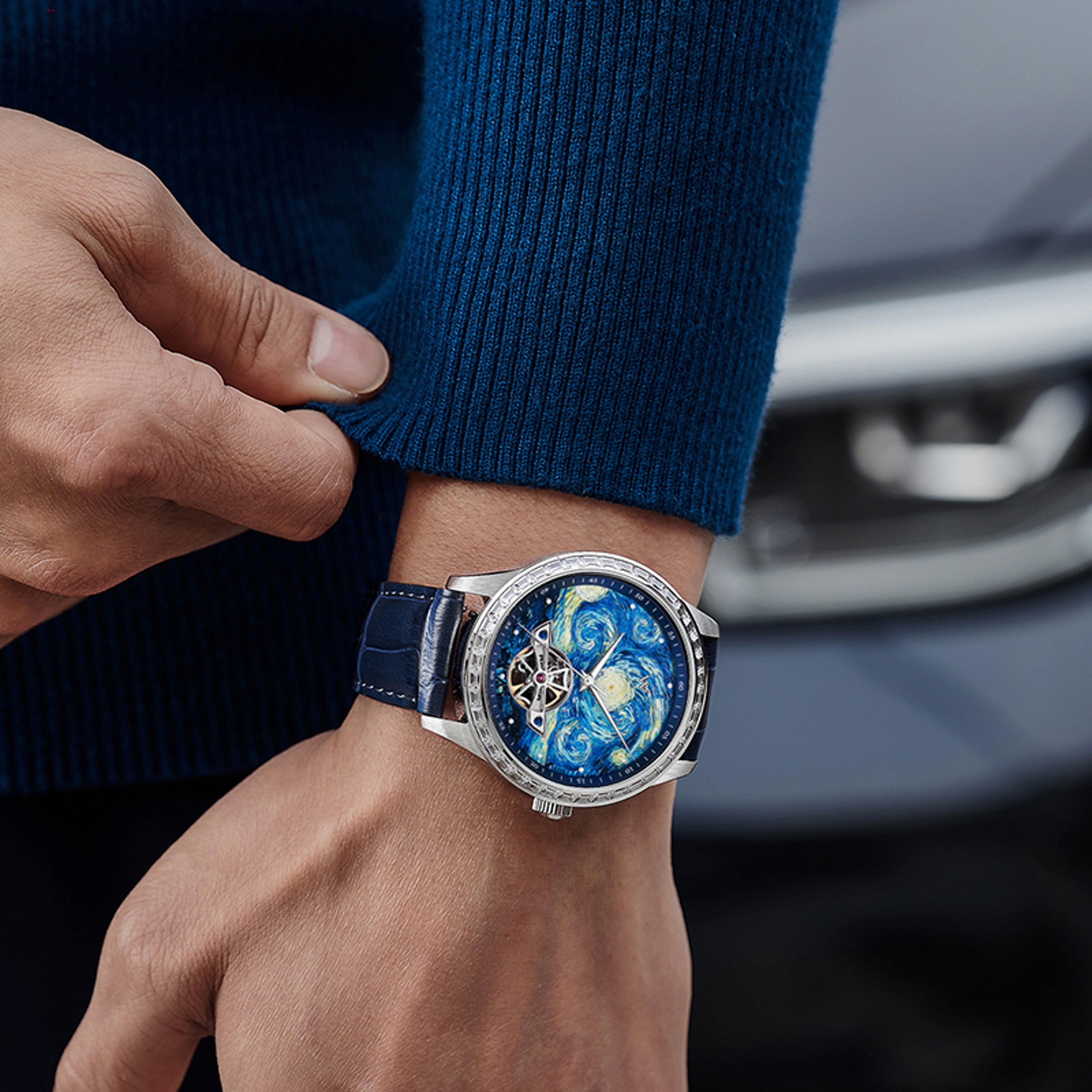 Starry Night Automatic Watch Sapphire Skeleton Art Dial 6