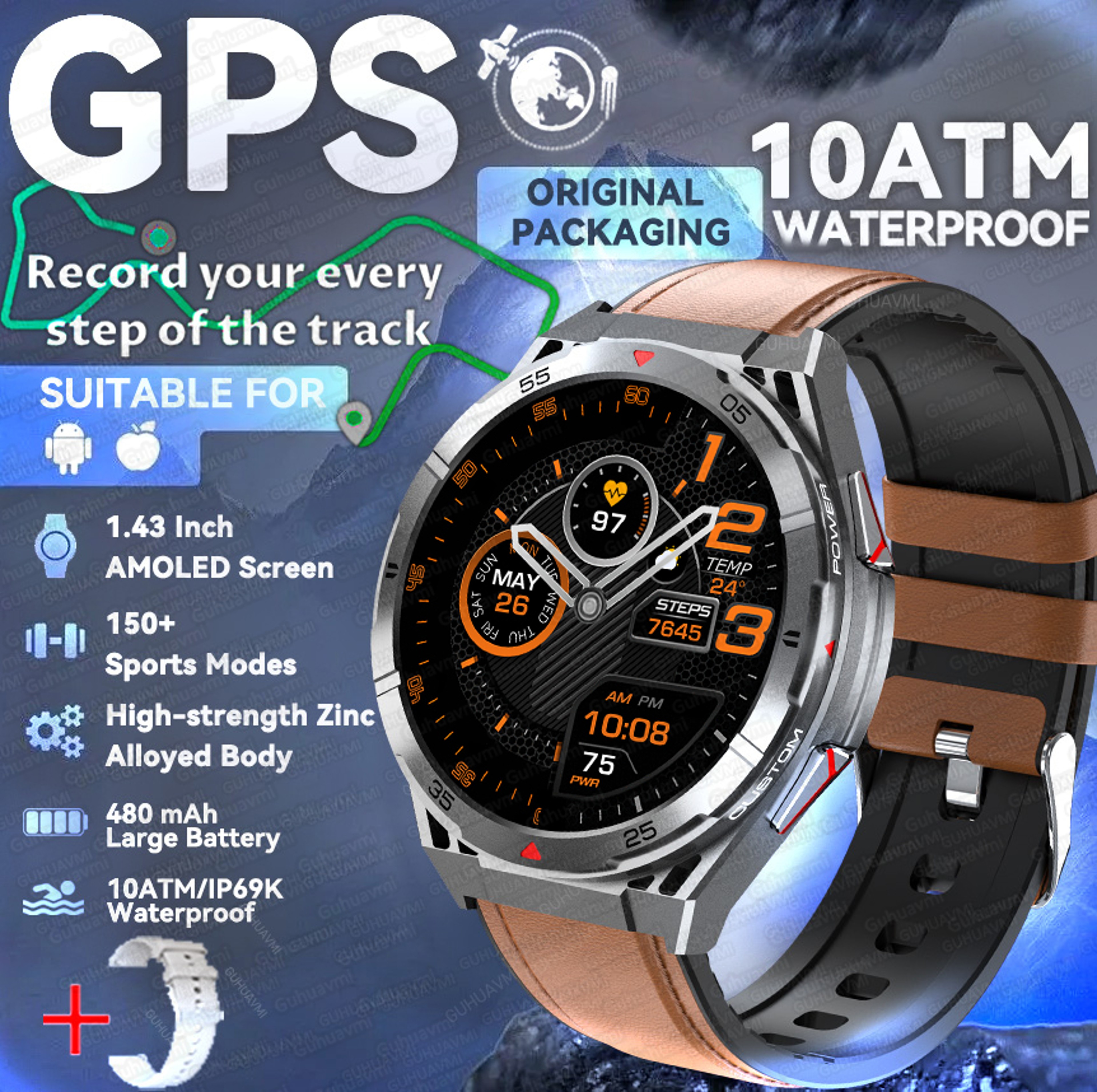 Outdoor GPS Smart Watch For Men AMOLED Waterproof Bluetooth Calling 9