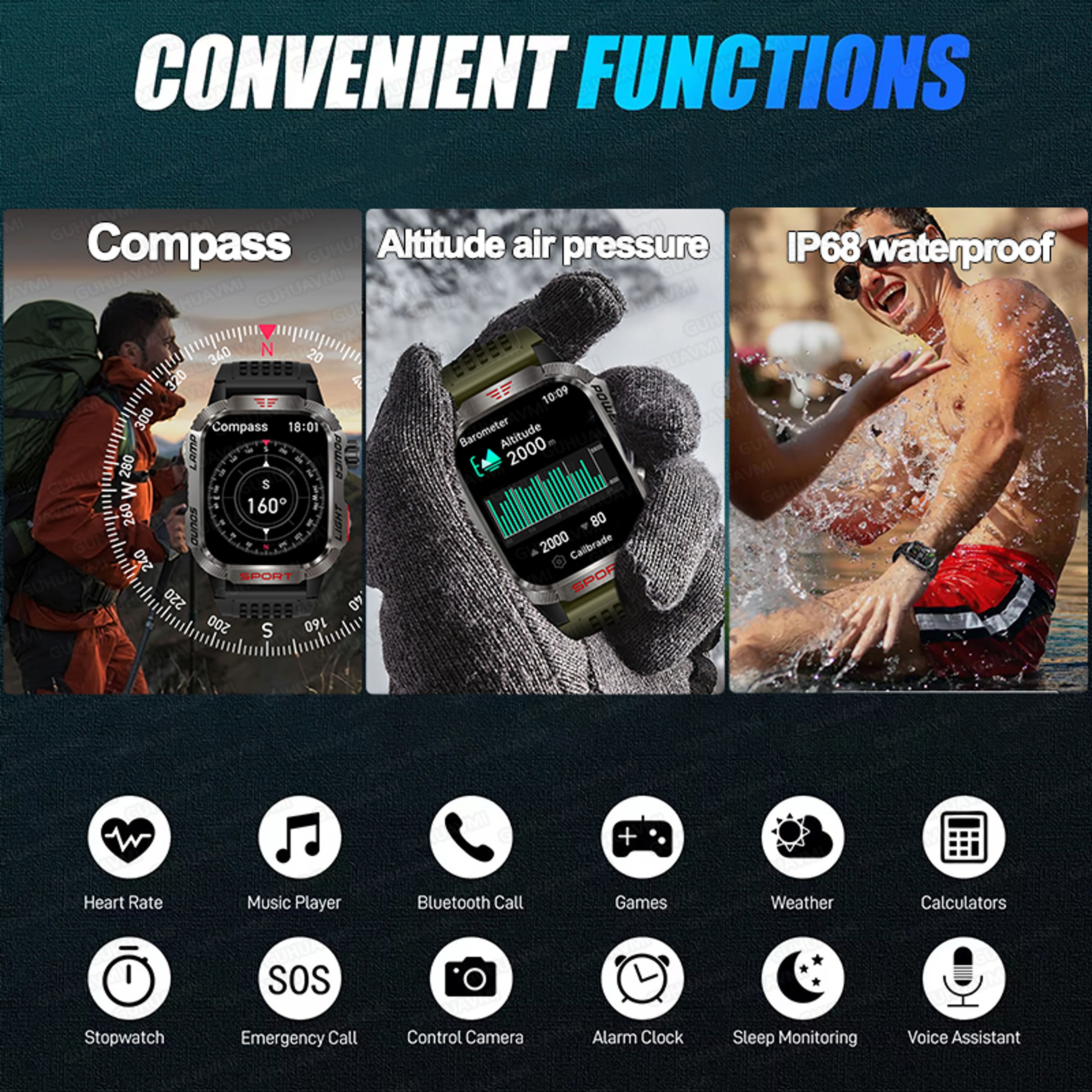 Rugged Outdoor Smartwatch With Compass LED Flashlight And Bluetooth Calling 1