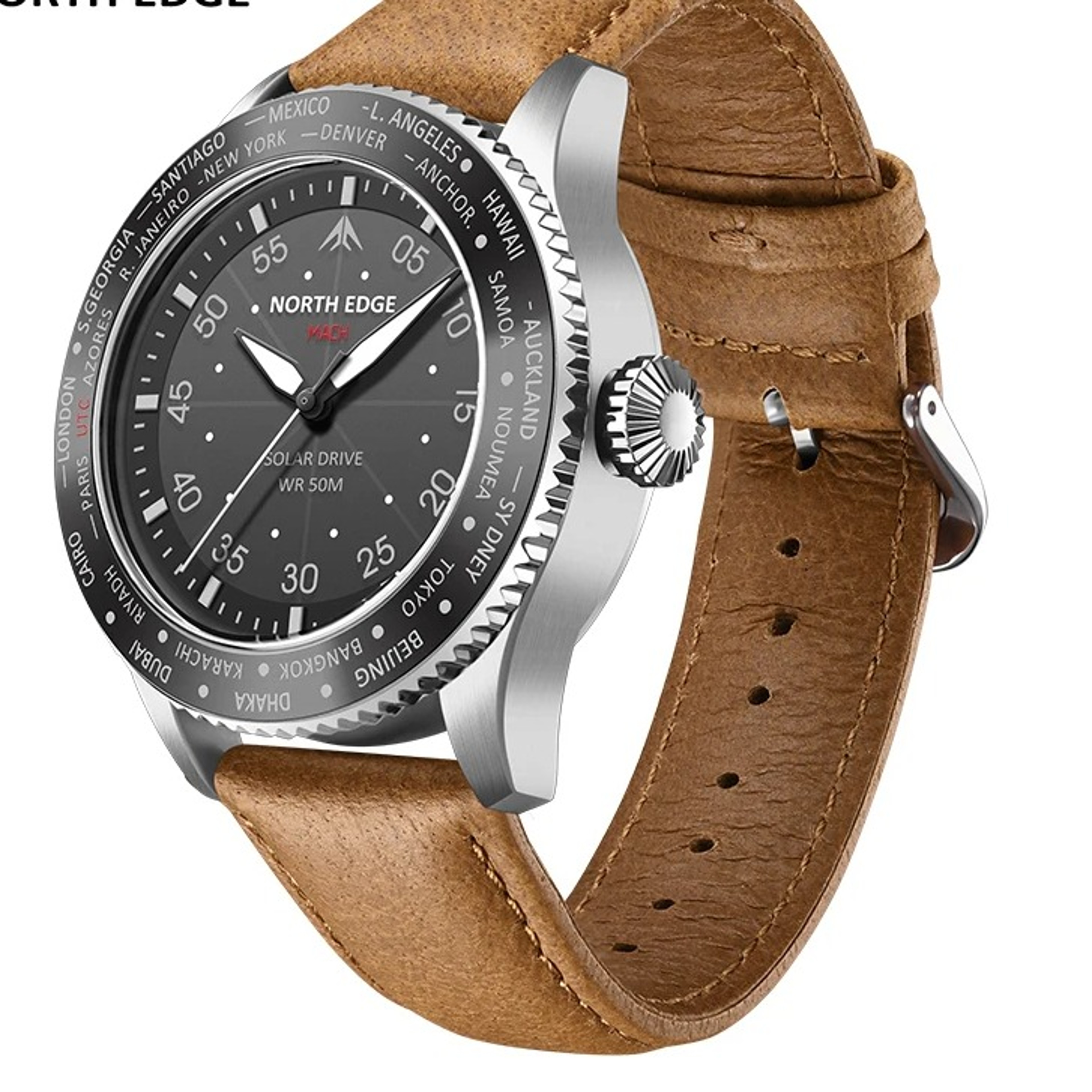 NORTH EDGE MACH Solar Watches For Men New Silver Stainless Steel Luminous Leather Strap 50M Waterprj