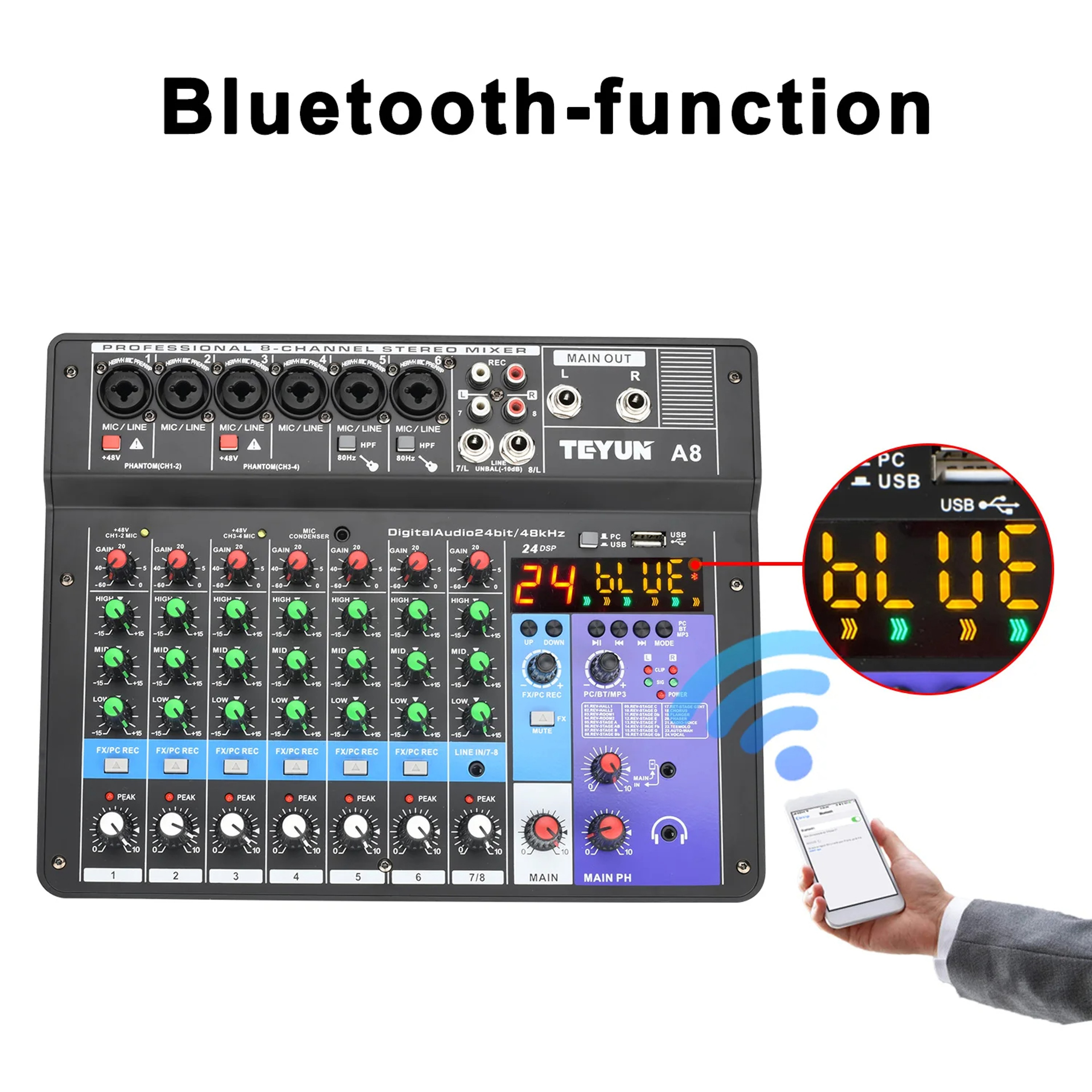 Bluetooth Audio Mixer With USB Recording DSP And Phantom Power 2