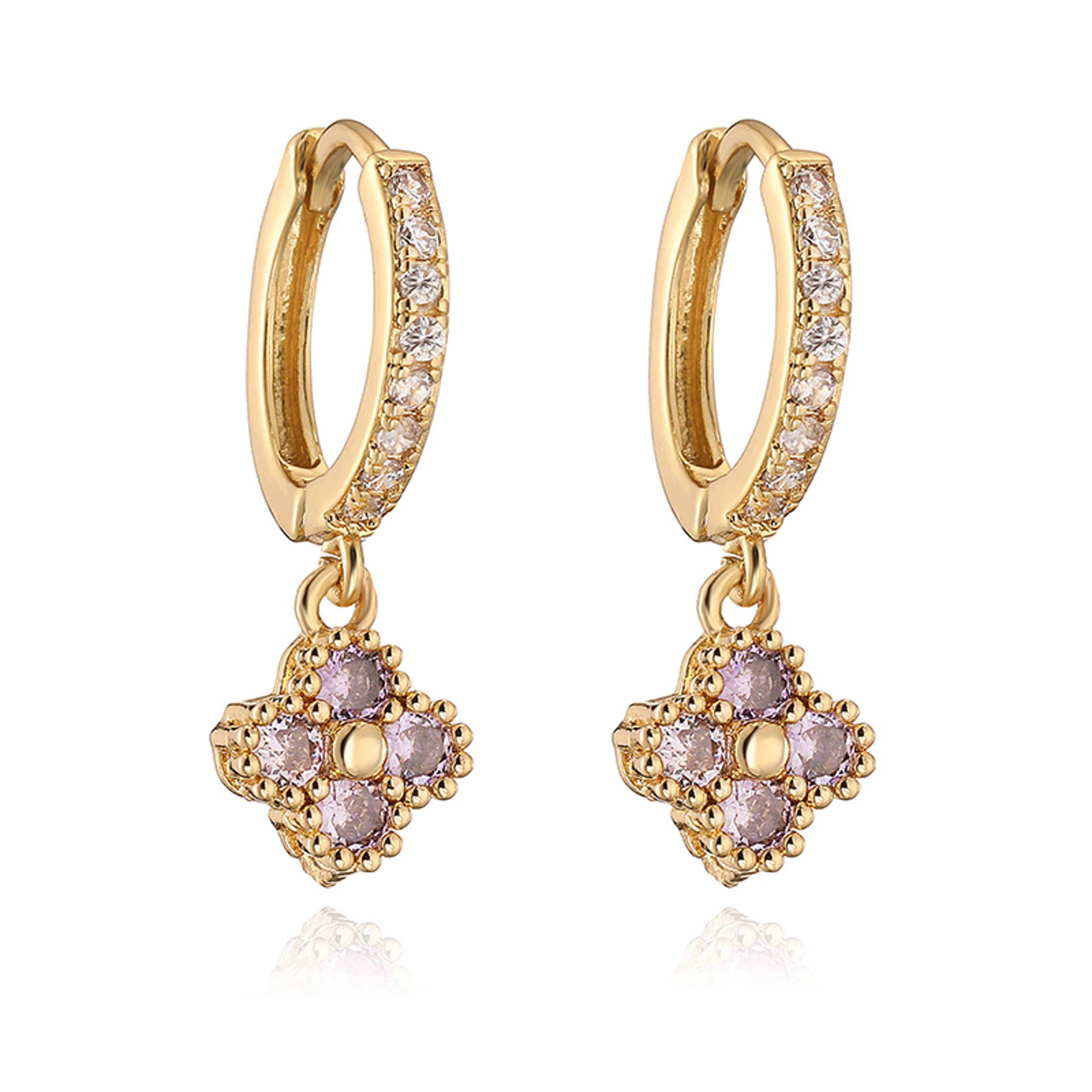 Gold Plated Huggie Hoop Earrings With Crystal Zirconia Flower Dangle 1