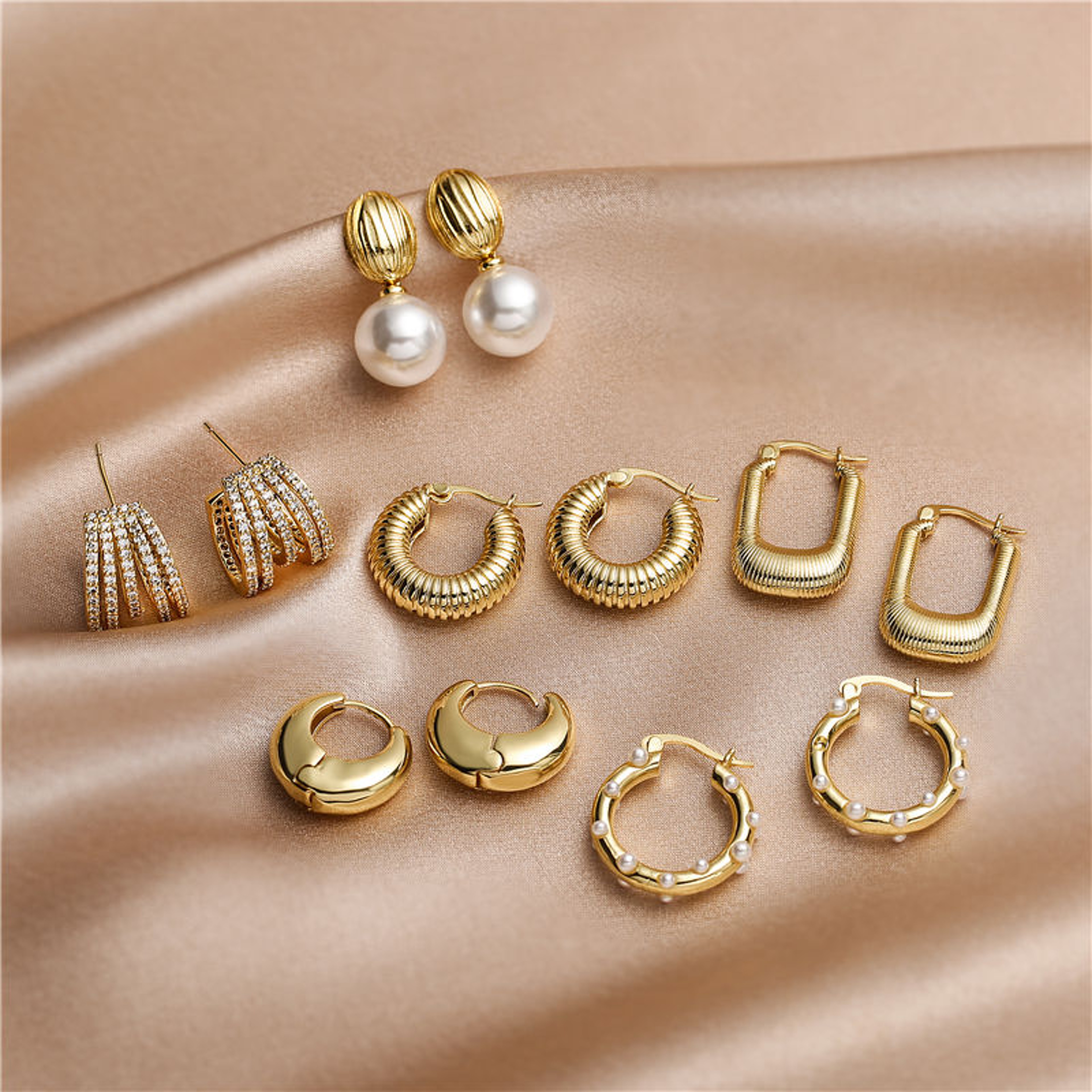 Lustre Pearl Hoops Gold Plated Textured Chunky Earrings For Women 2
