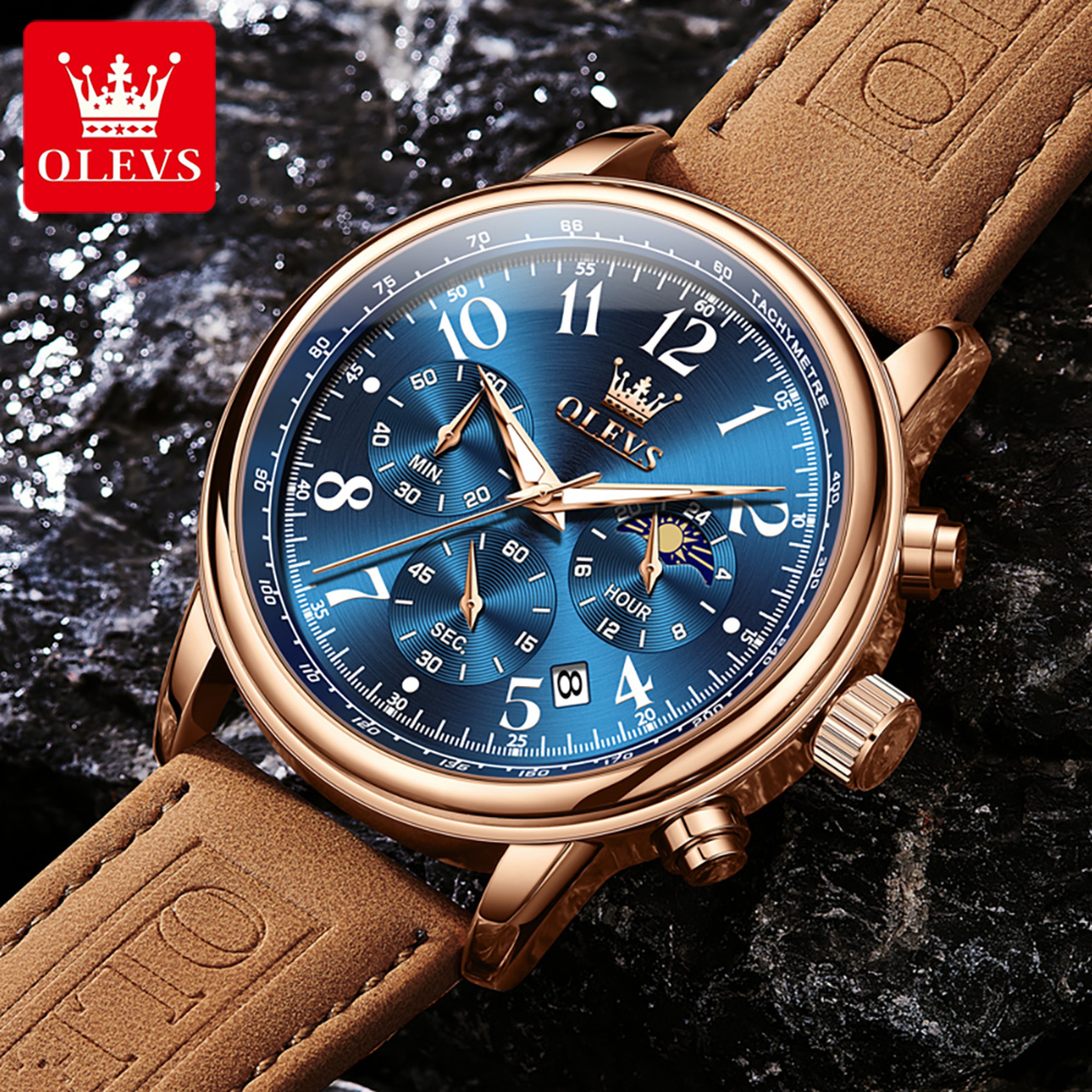 Mens Chronograph Watch With Moon Phase Luminous Dial And Leather Strap 4