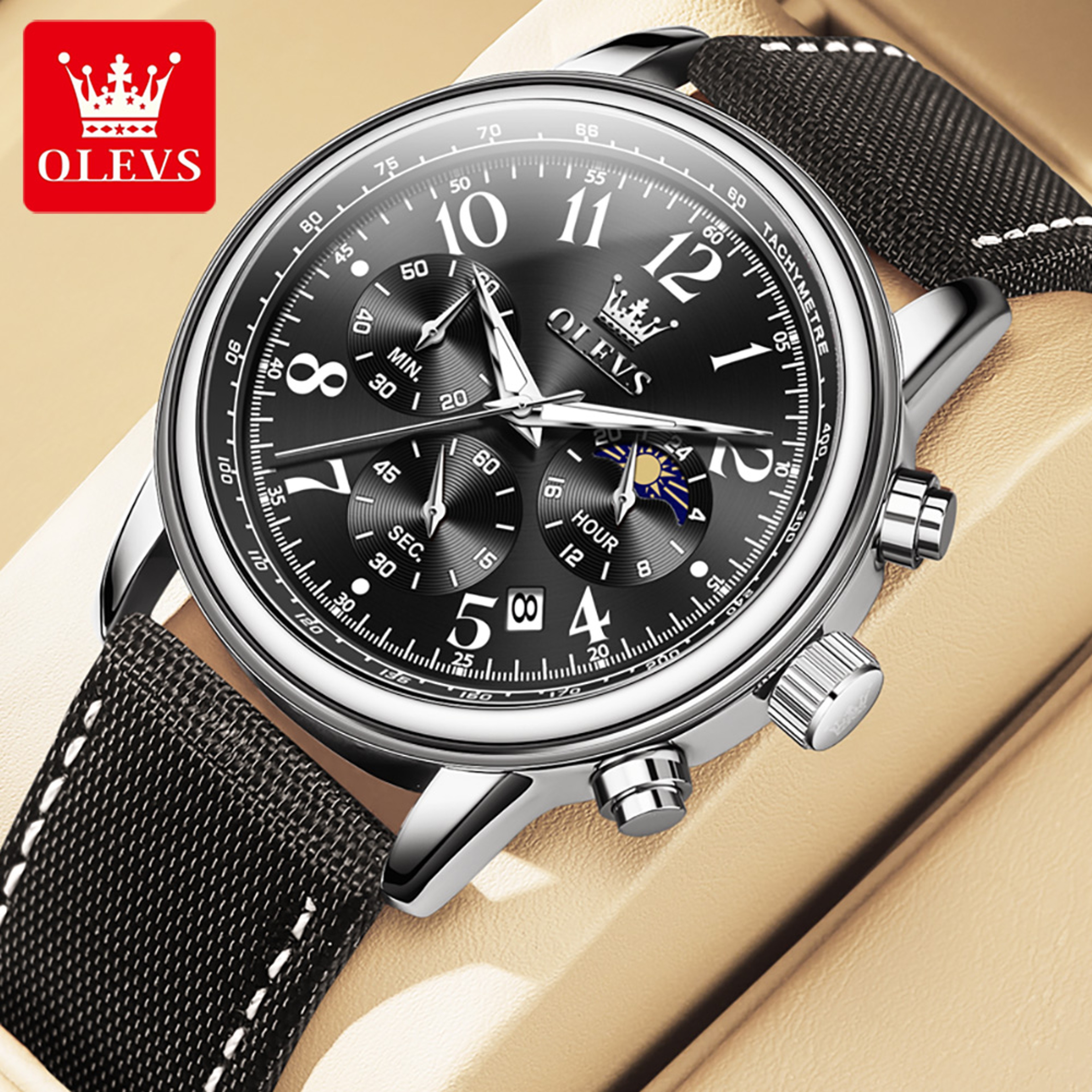 Mens Chronograph Watch With Moon Phase Luminous Dial And Leather Strap 6