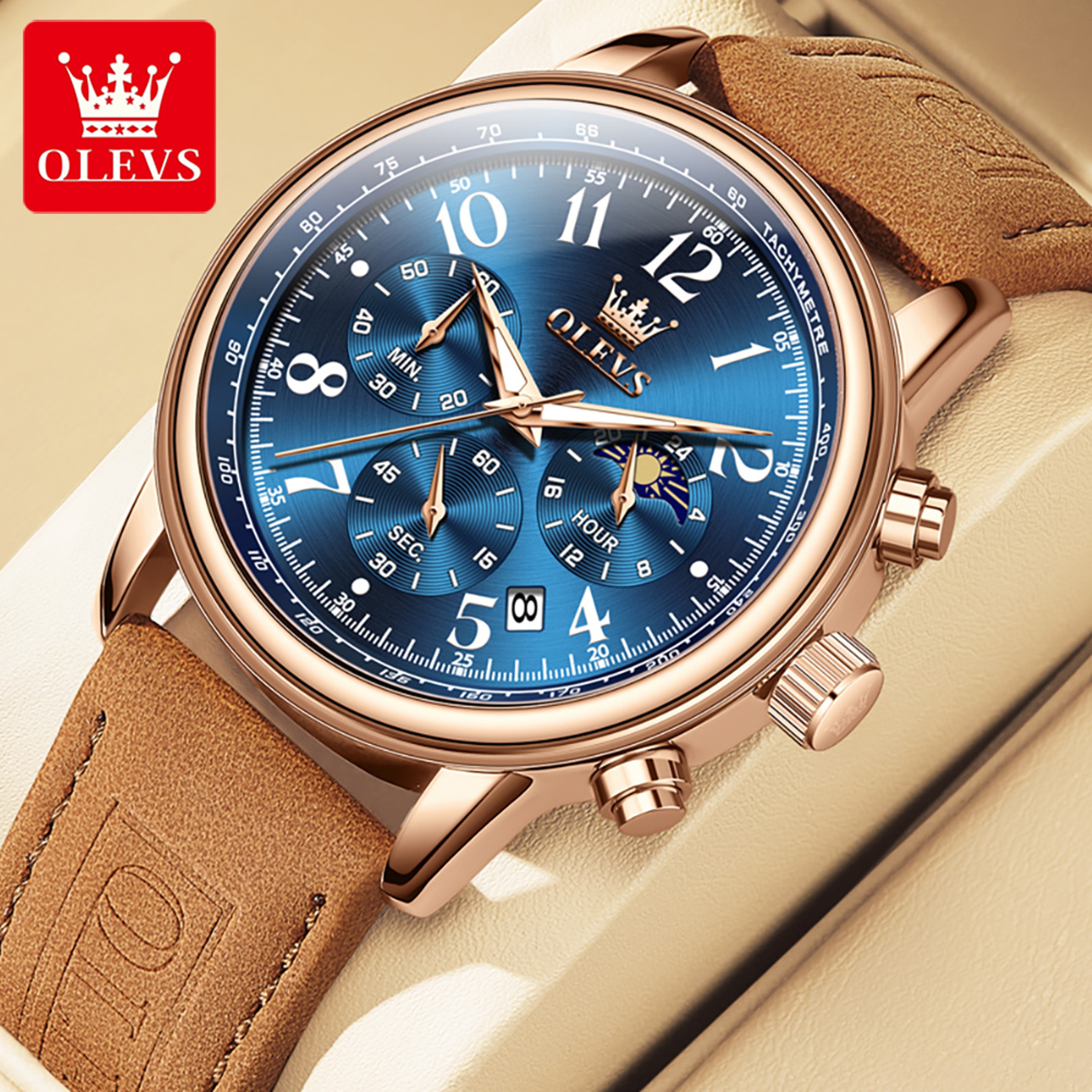 Mens Chronograph Watch With Moon Phase Luminous Dial And Leather Strap 8