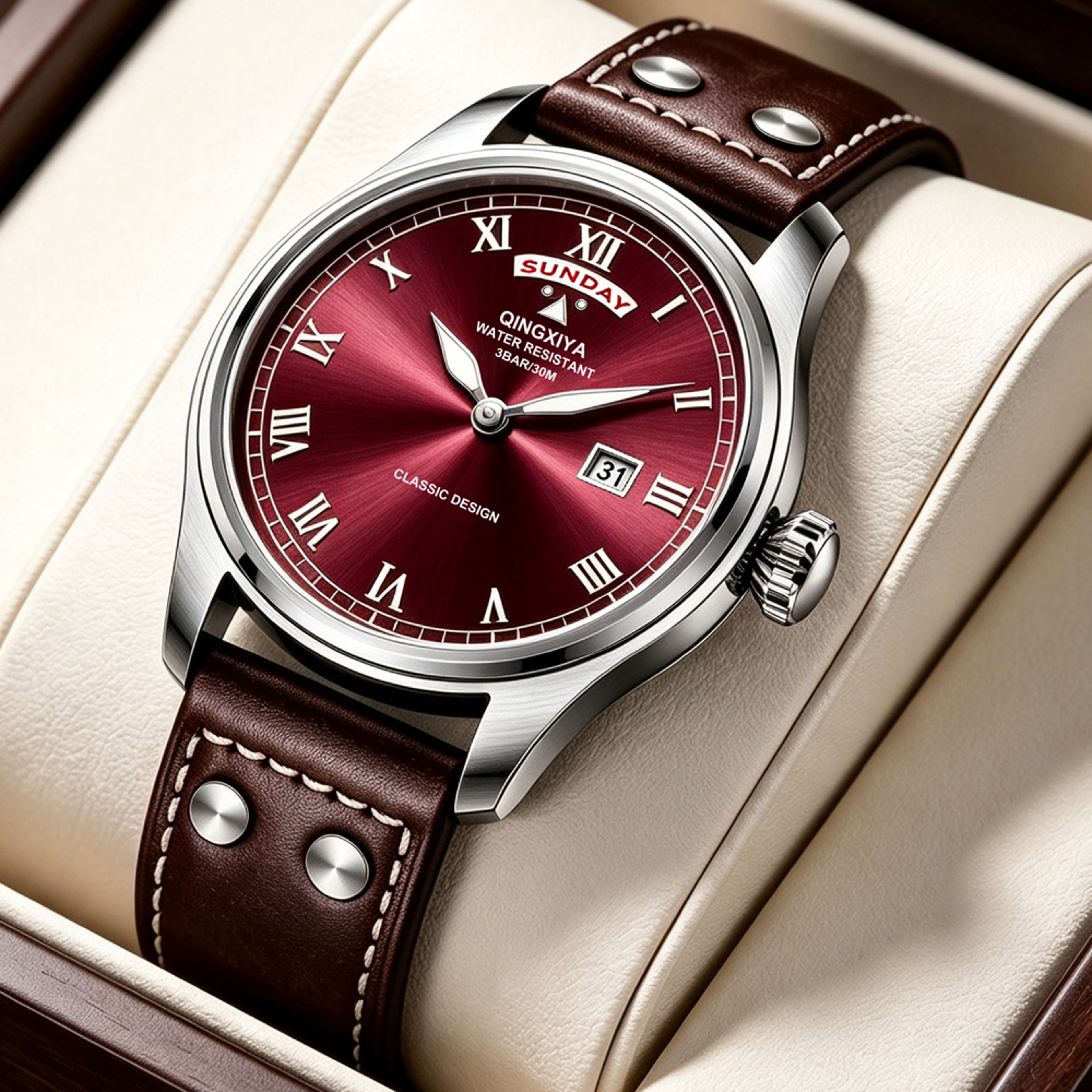Luxury Mens Quartz Watch Waterproof Luminous Week Date Leather Strap 4