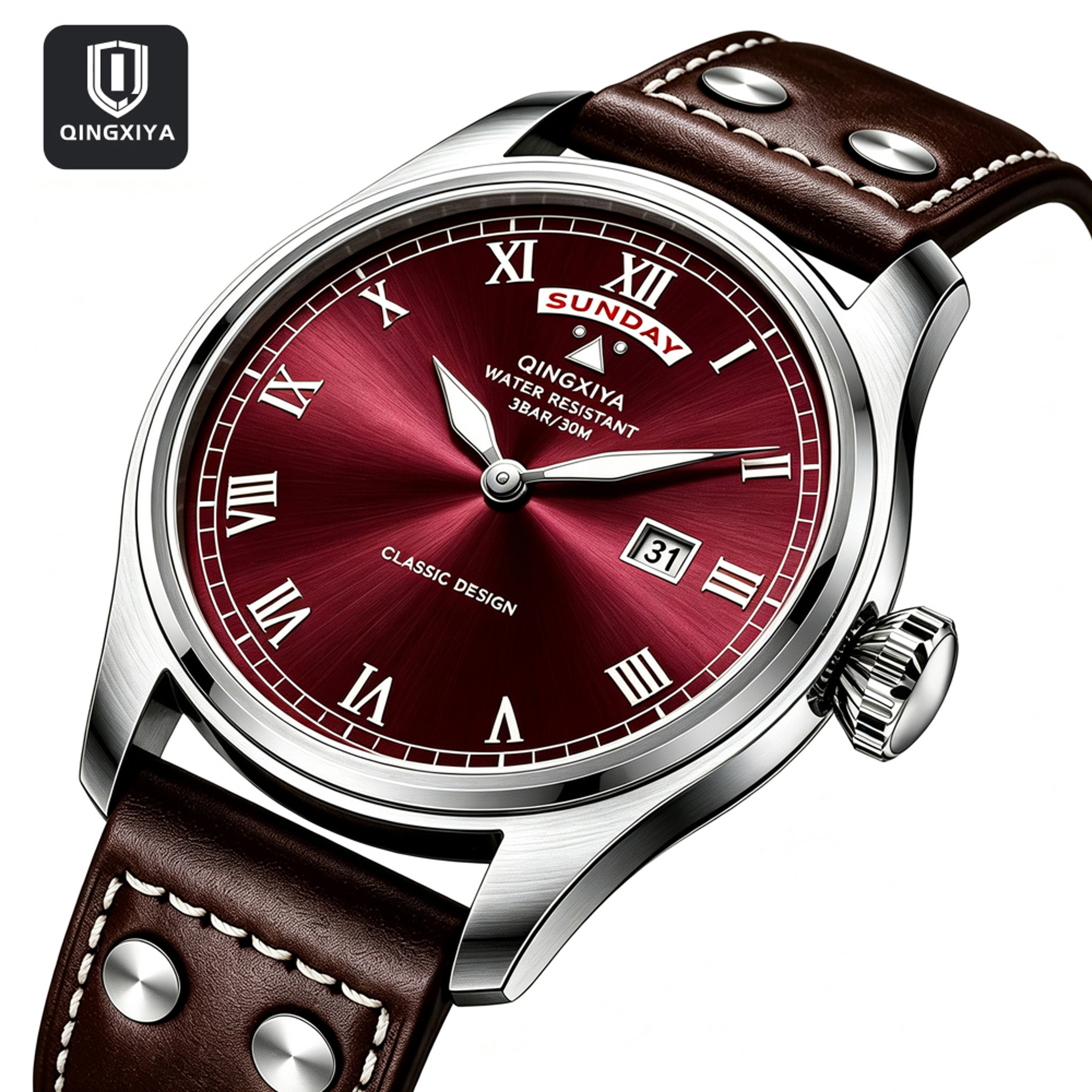 Luxury Mens Quartz Watch Waterproof Luminous Week Date Leather Strap 7