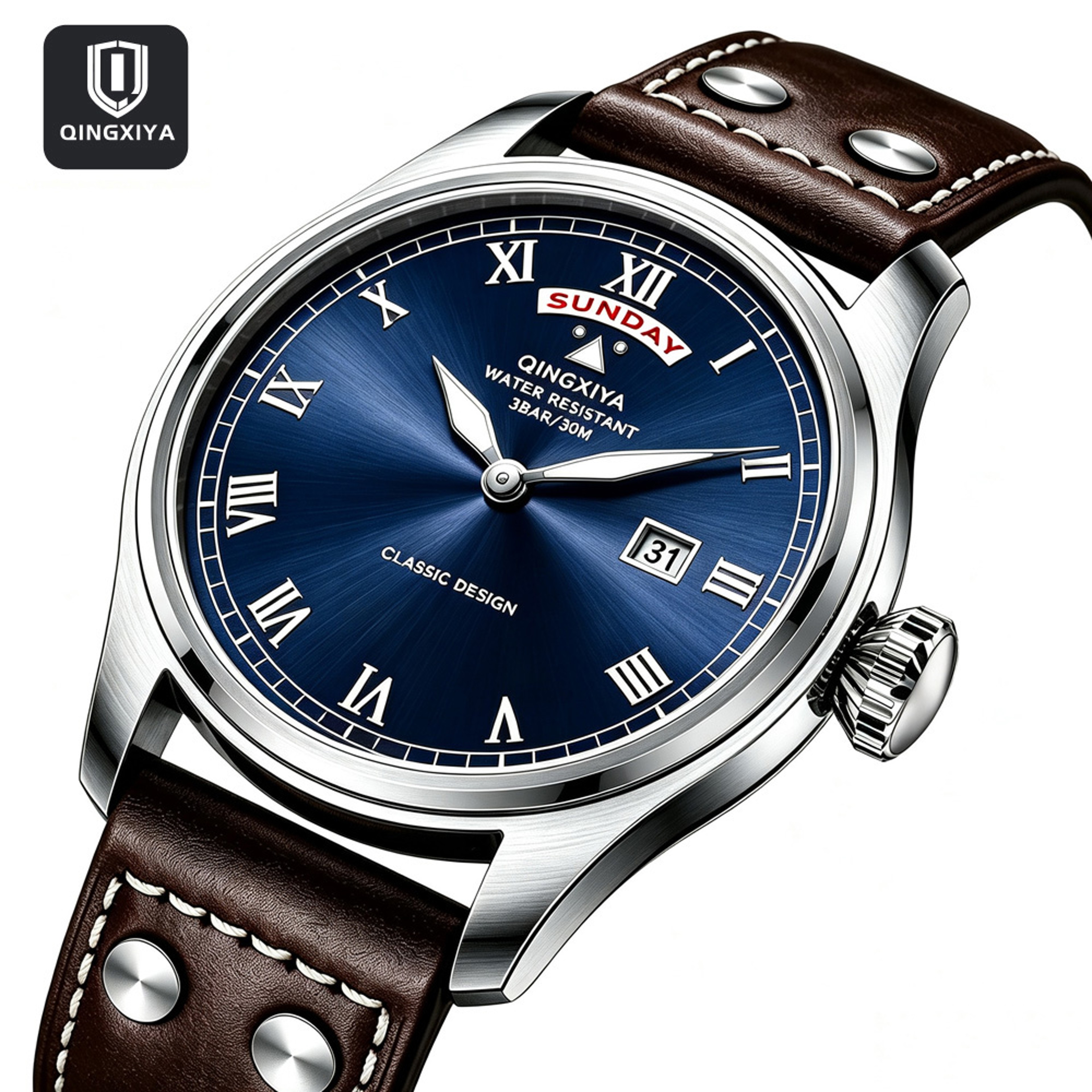 Luxury Mens Quartz Watch Waterproof Luminous Week Date Leather Strap 8
