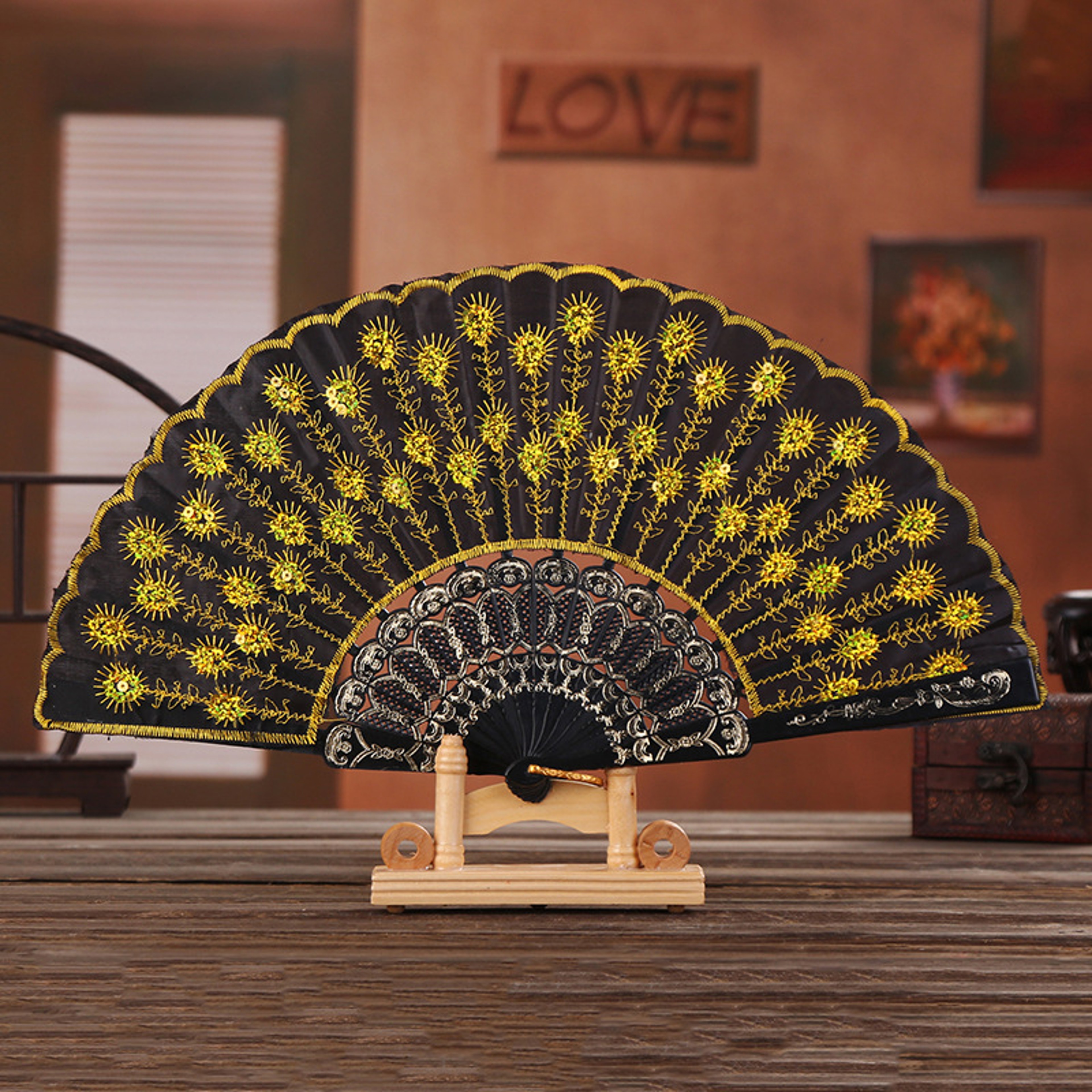 Folding Hand Fan with Sequin Embroidery for Wedding Dance and Party – view 3
