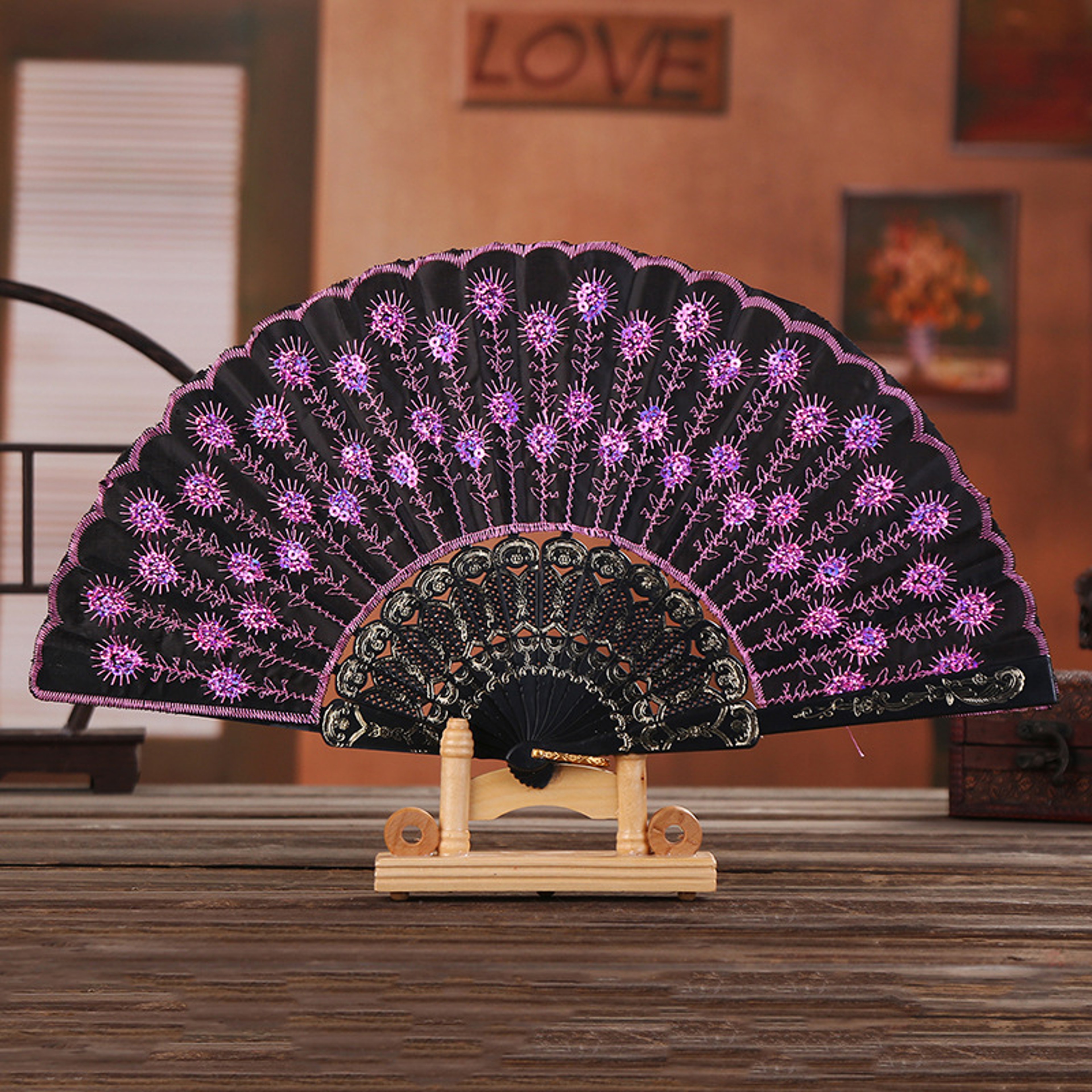 Folding Hand Fan with Sequin Embroidery for Wedding Dance and Party – view 9
