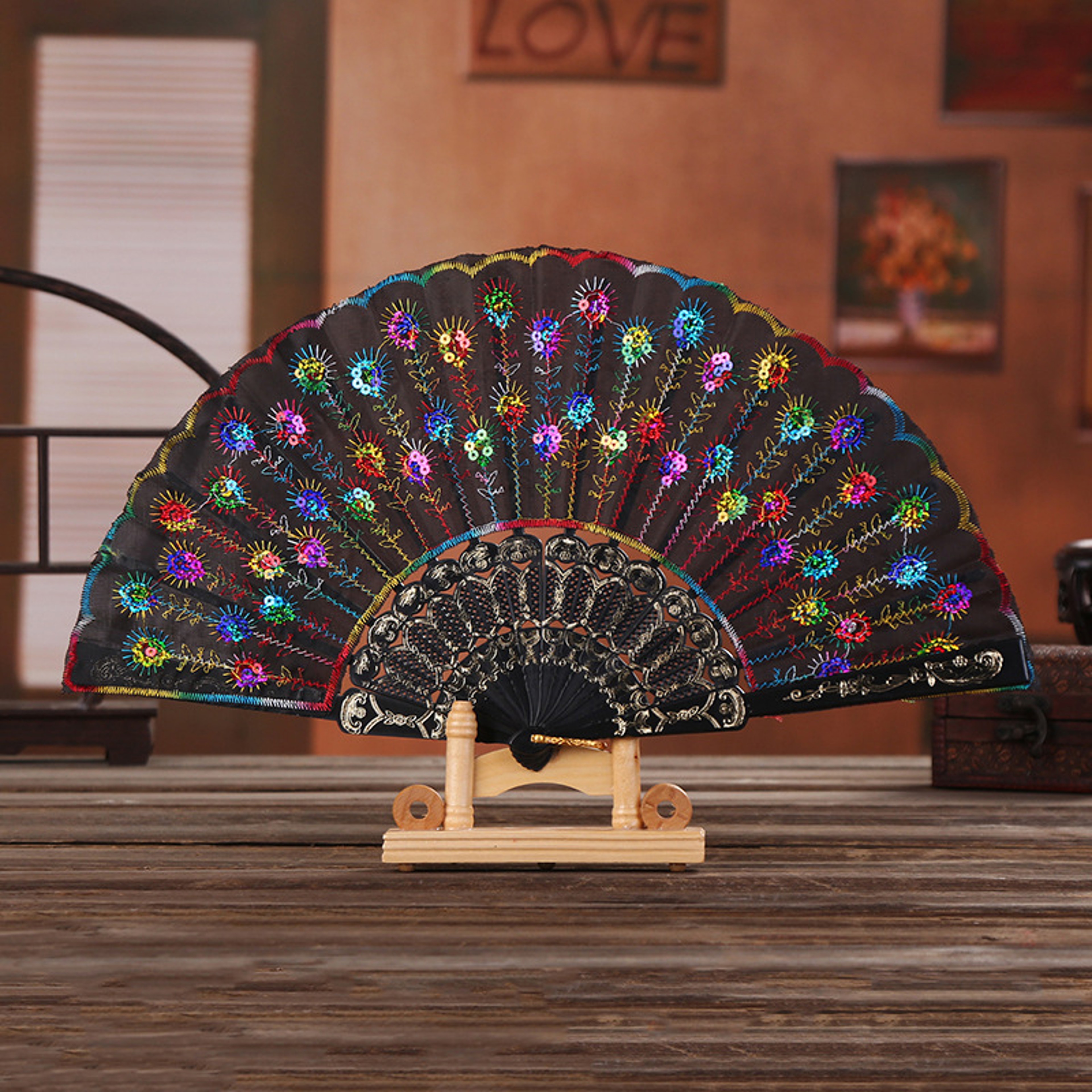 Folding Hand Fan with Sequin Embroidery for Wedding Dance and Party – view 10