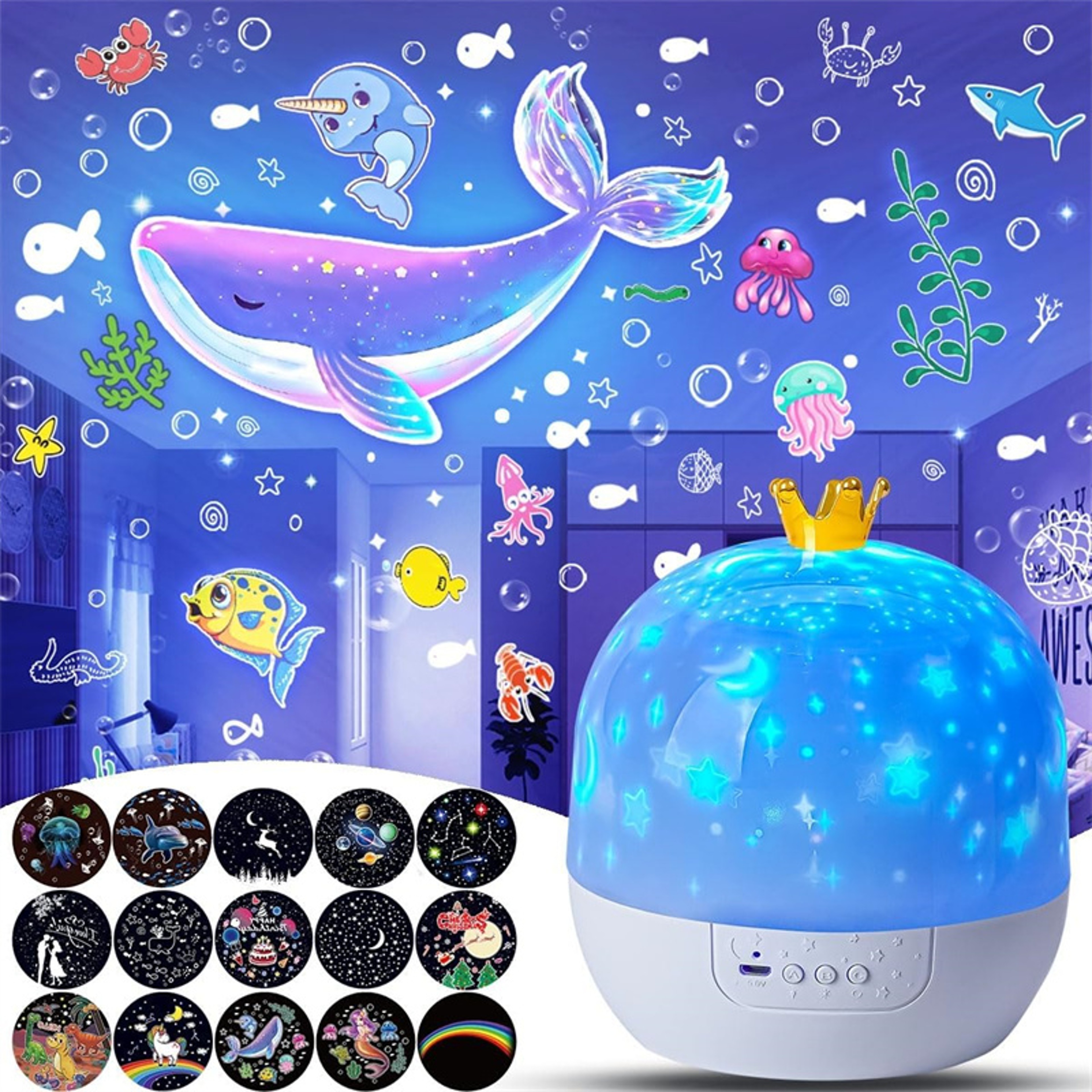 Crown Star Light Projection Lamp, Rotating Star Bedroom Ceiling Atmosphere Night Lamp with 6 Films – view 1
