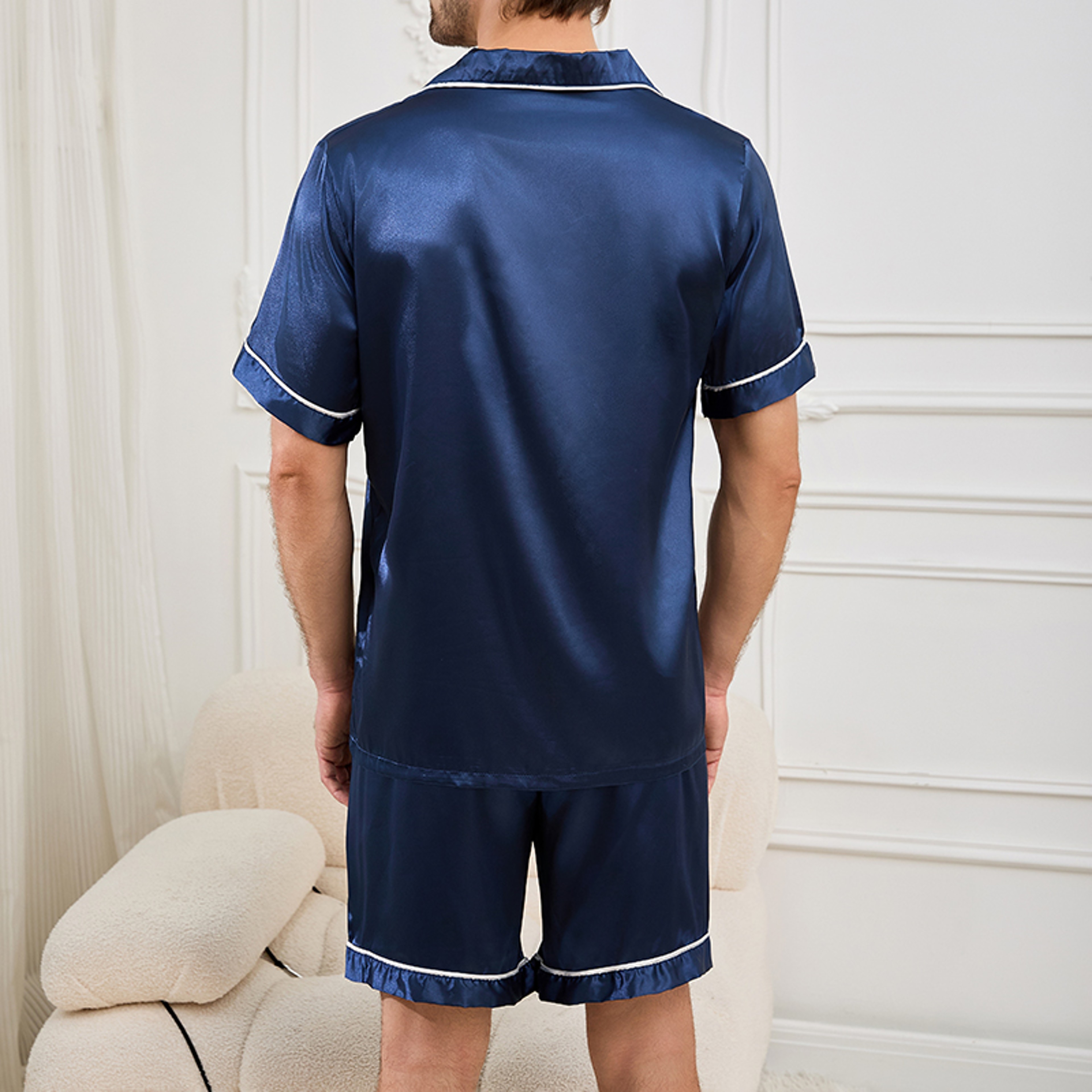Men Satin Summer Sleepwear Pajama Set ButtonDown Shirt  Elastic Waist Shorts Comfortable Pajamas Fo 0