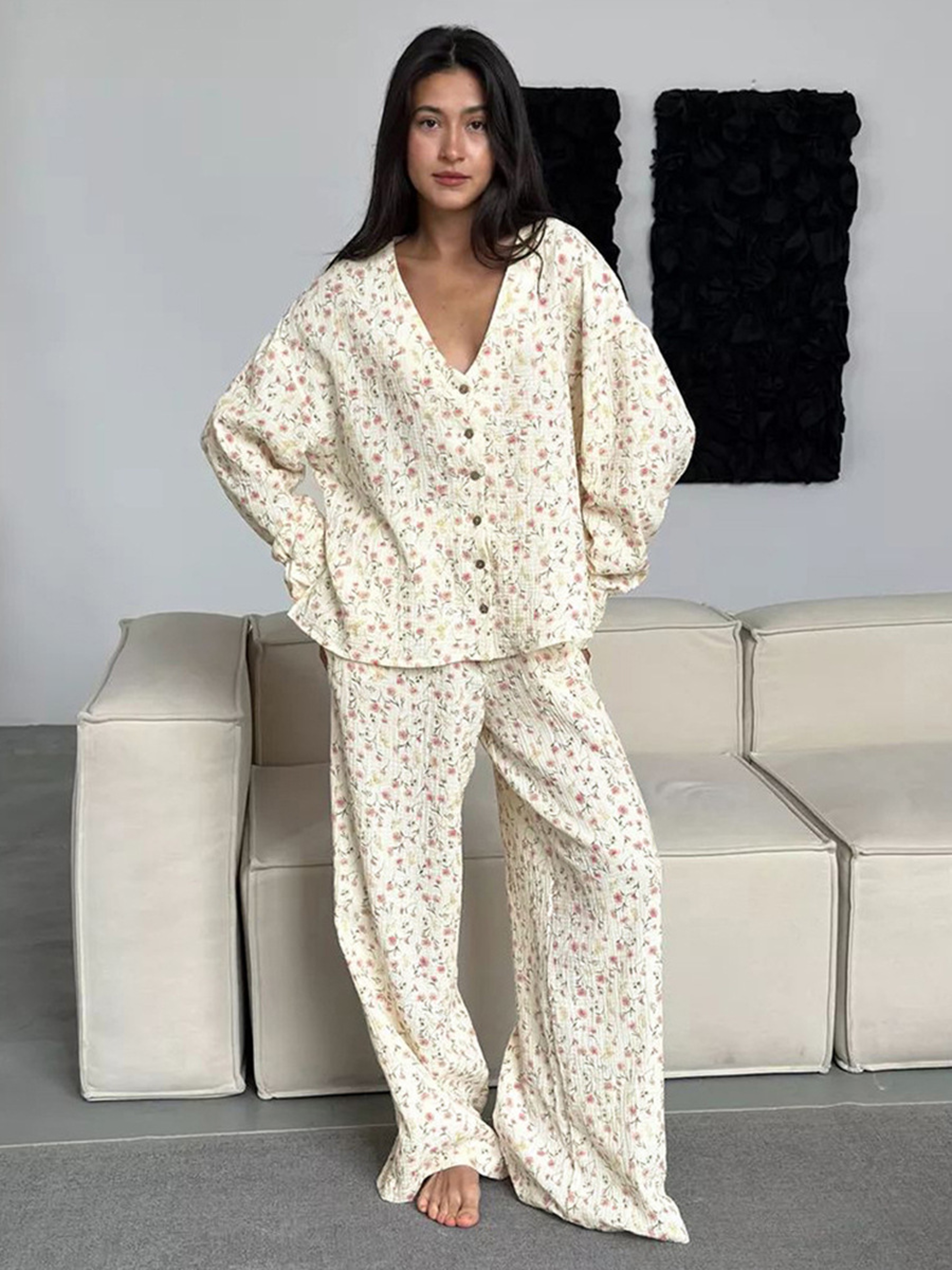 Womens New Autumn Muzuleva Cotton Printed Cardigan Pajama Set Long Sleeved Pants Pajamas Loose Home 4