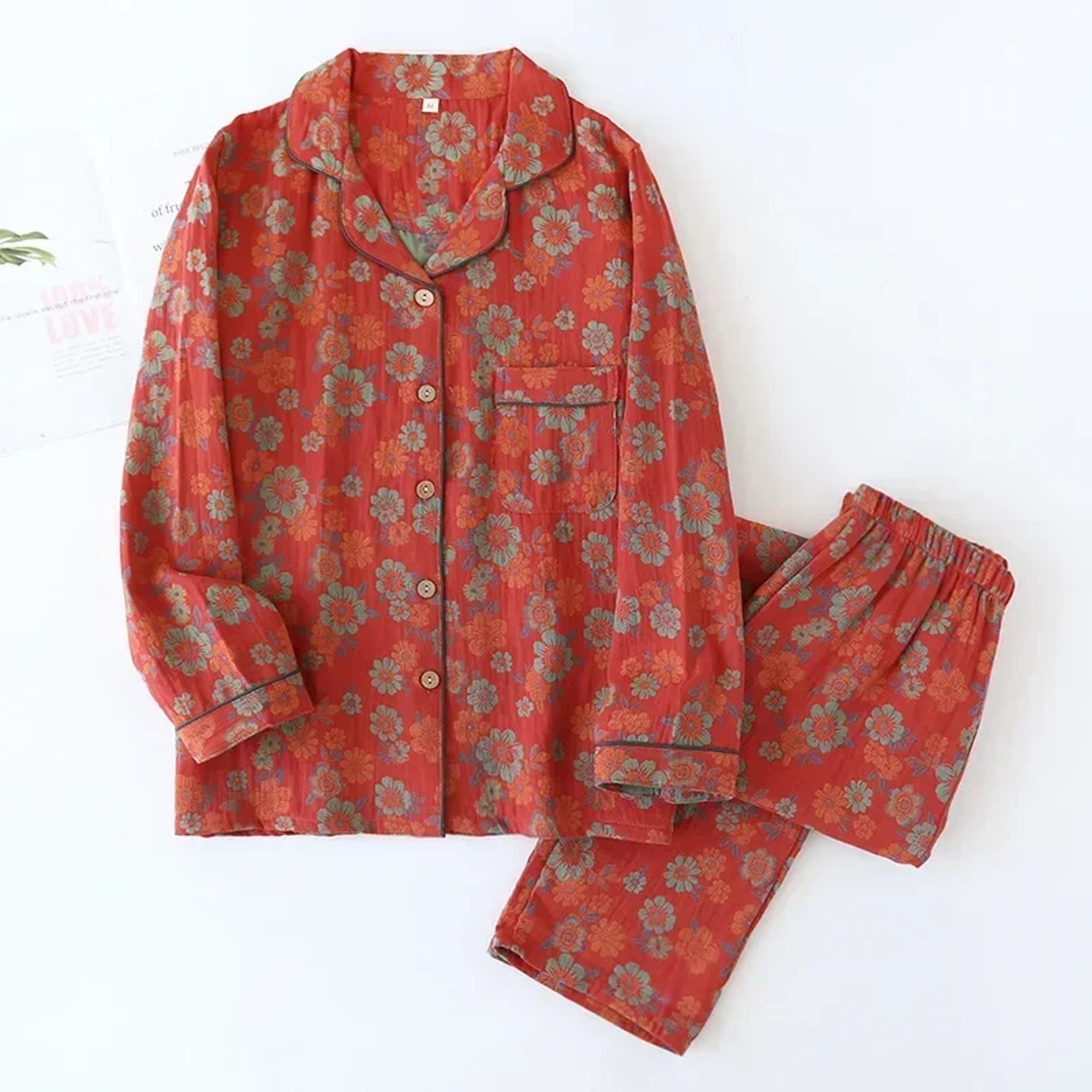 Womens New Spring Pajamas Suit Cotton Crepe TwoPiece LongSleeved Trousers Flower Leaves Home Clothe 3