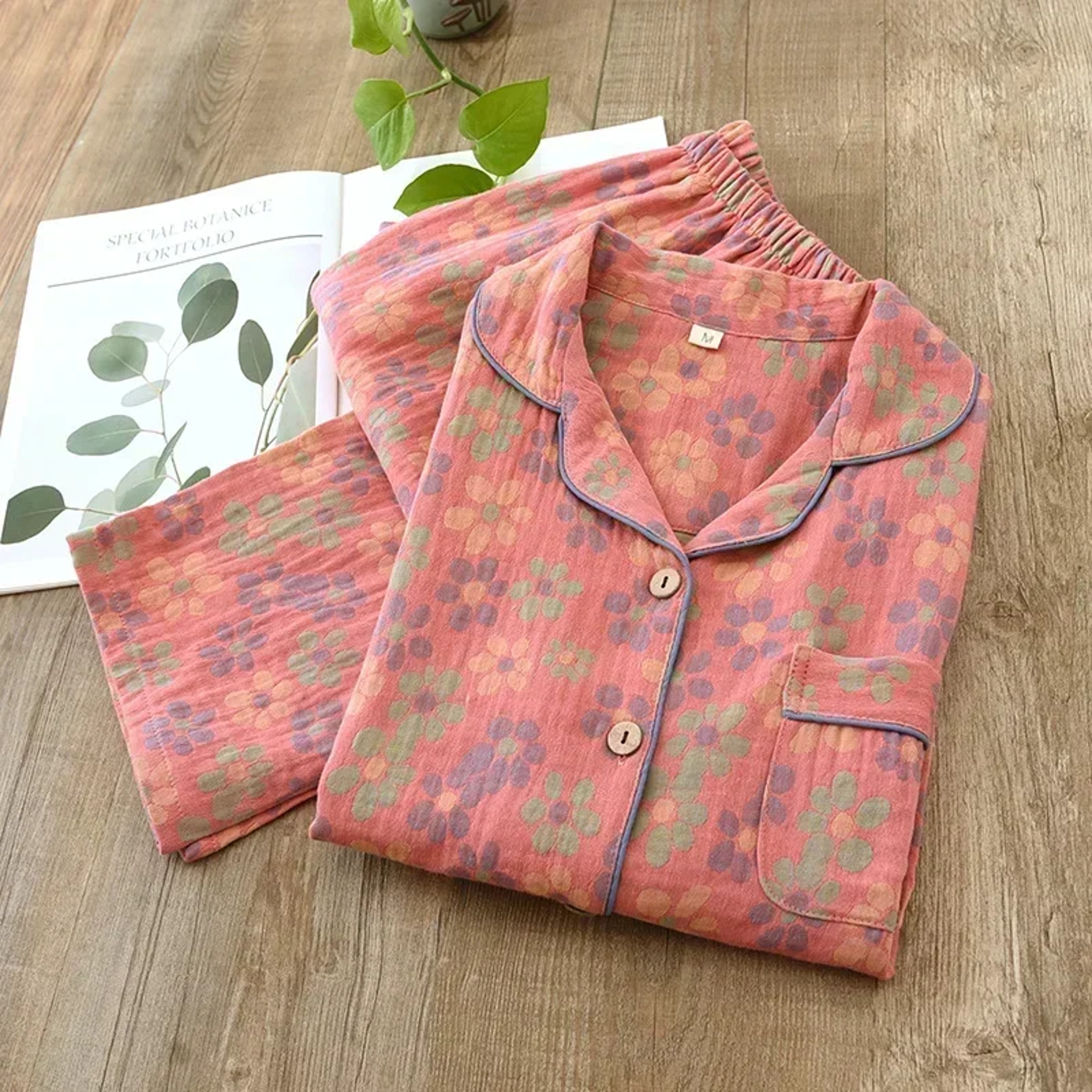 Womens New Spring Pajamas Suit Cotton Crepe TwoPiece LongSleeved Trousers Flower Leaves Home Clothe 7