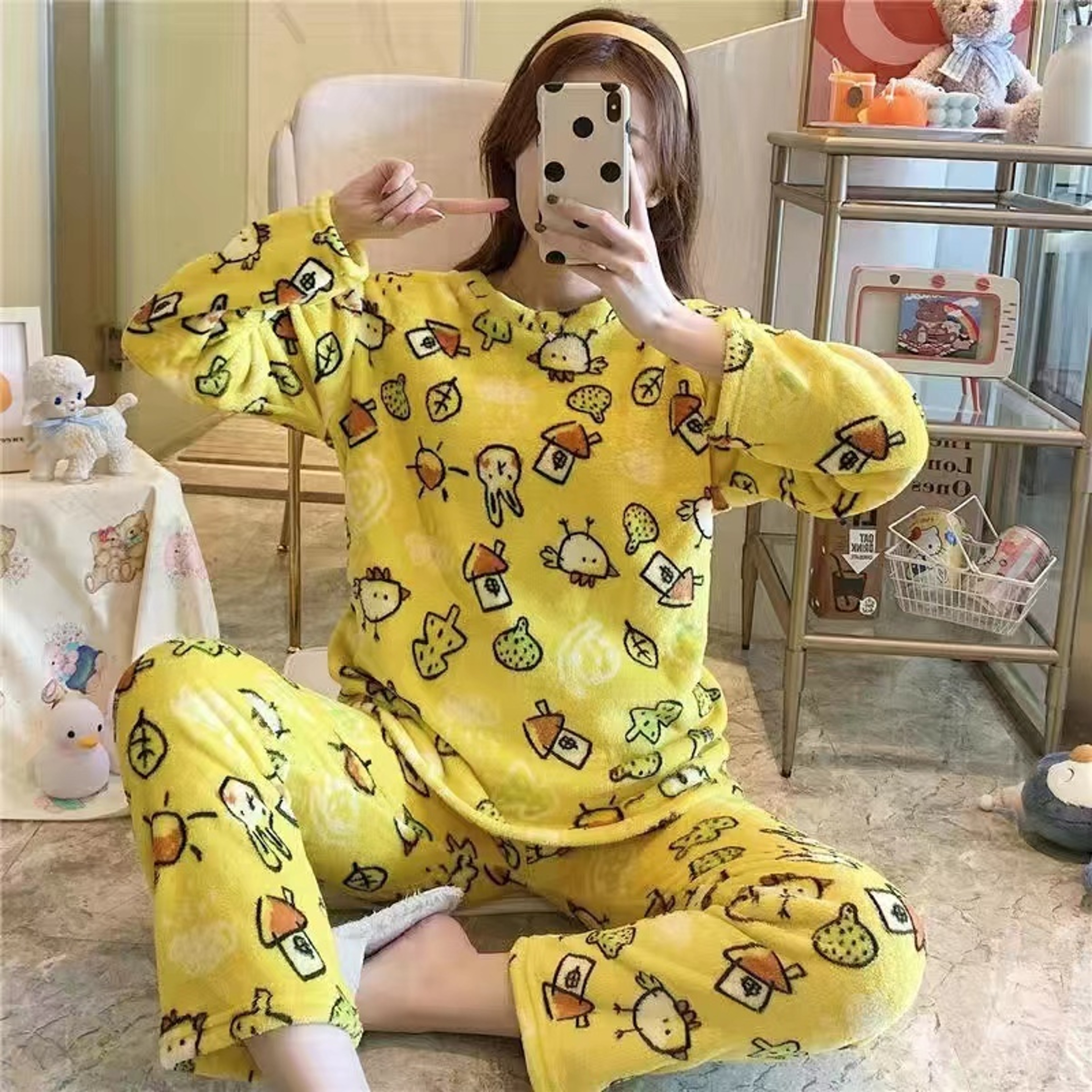 Womens Winter Home Clothes Set Thiened Long Sleeve Coral Fleece Pajamas Cute Cartoon Print Sleepwea 4