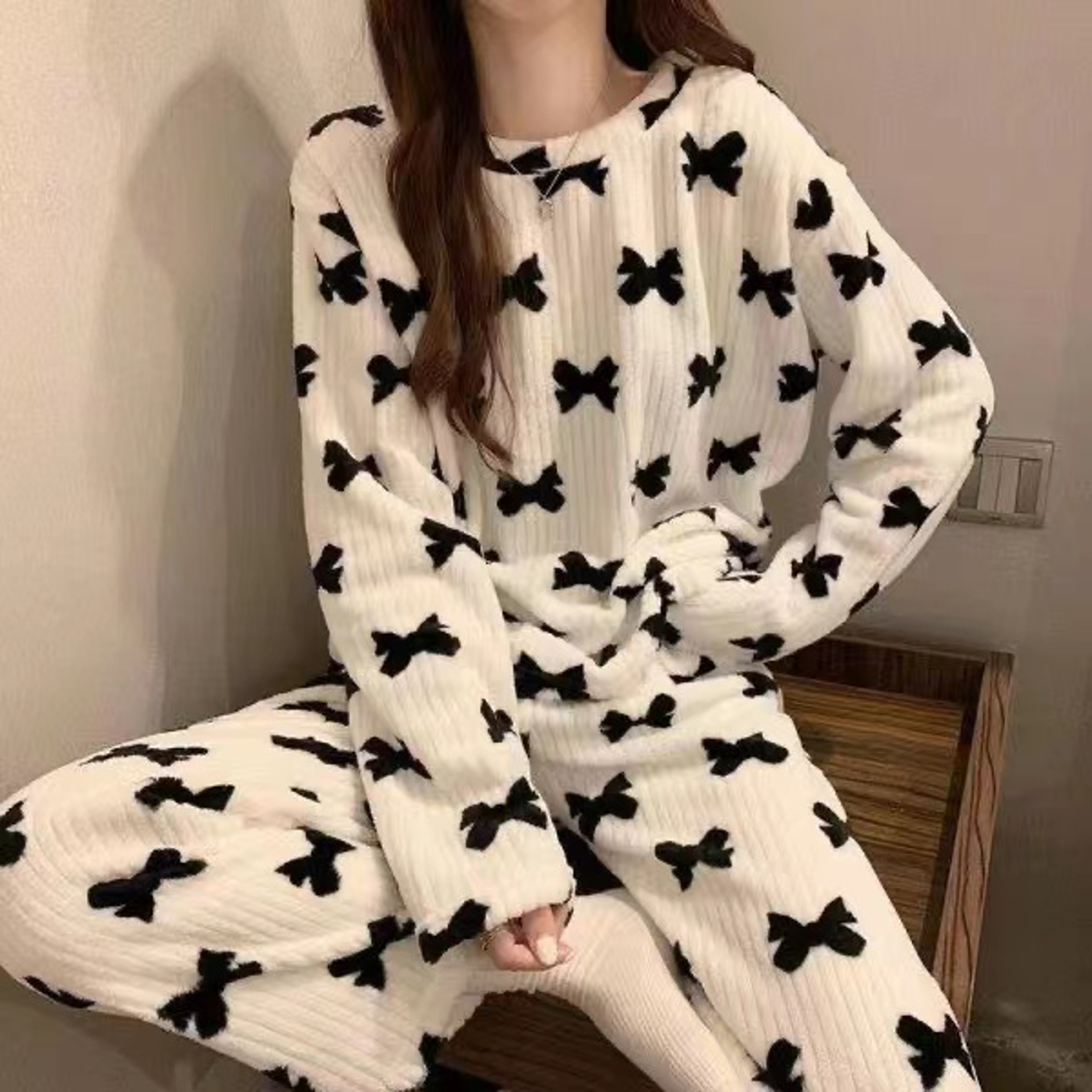 Womens Winter Home Clothes Set Thiened Long Sleeve Coral Fleece Pajamas Cute Cartoon Print Sleepwea 6