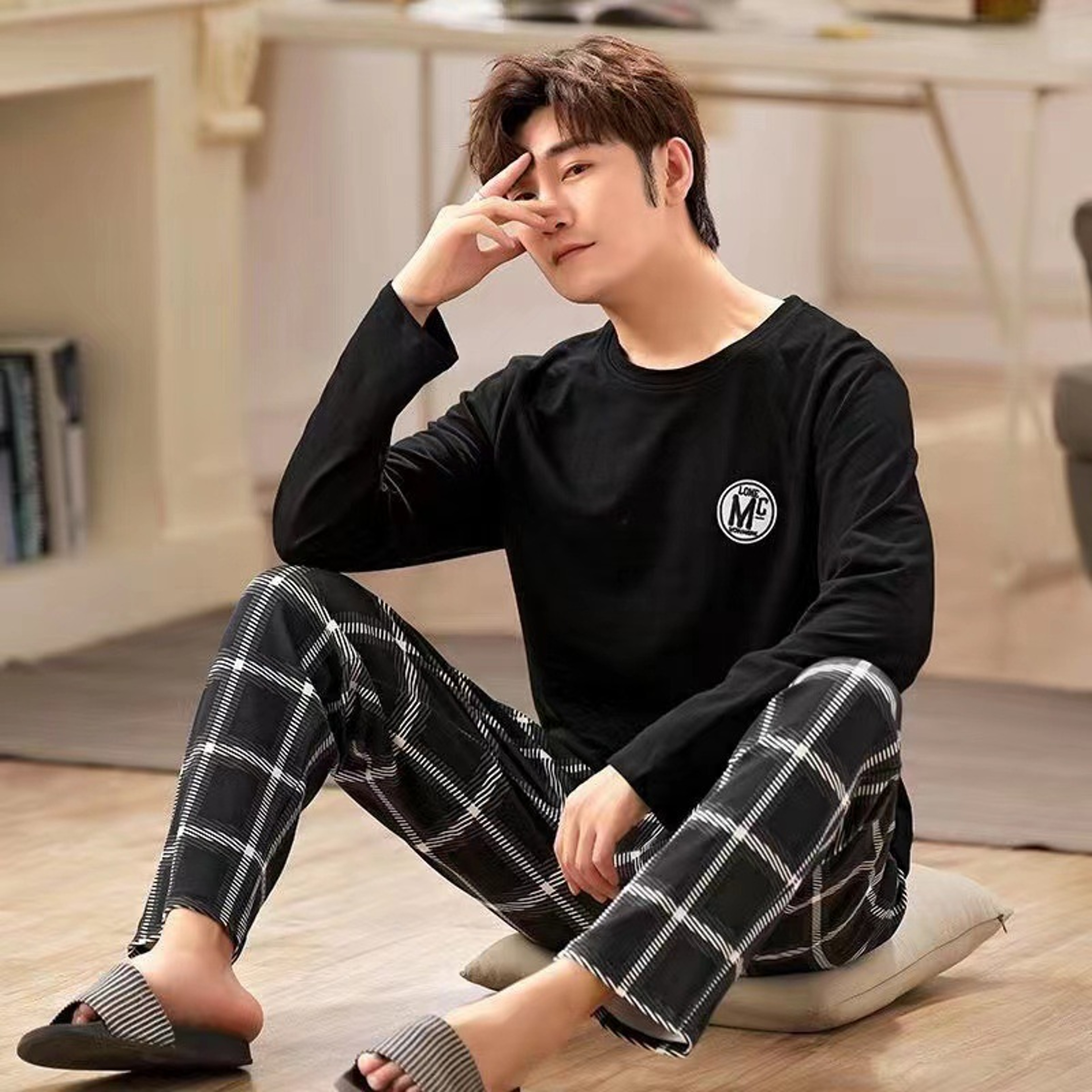 New Summer Mens Pyjamas Black Plaid Trousers LongSleeved TwoPiece Set Large Size Youth Home Wear Su 0