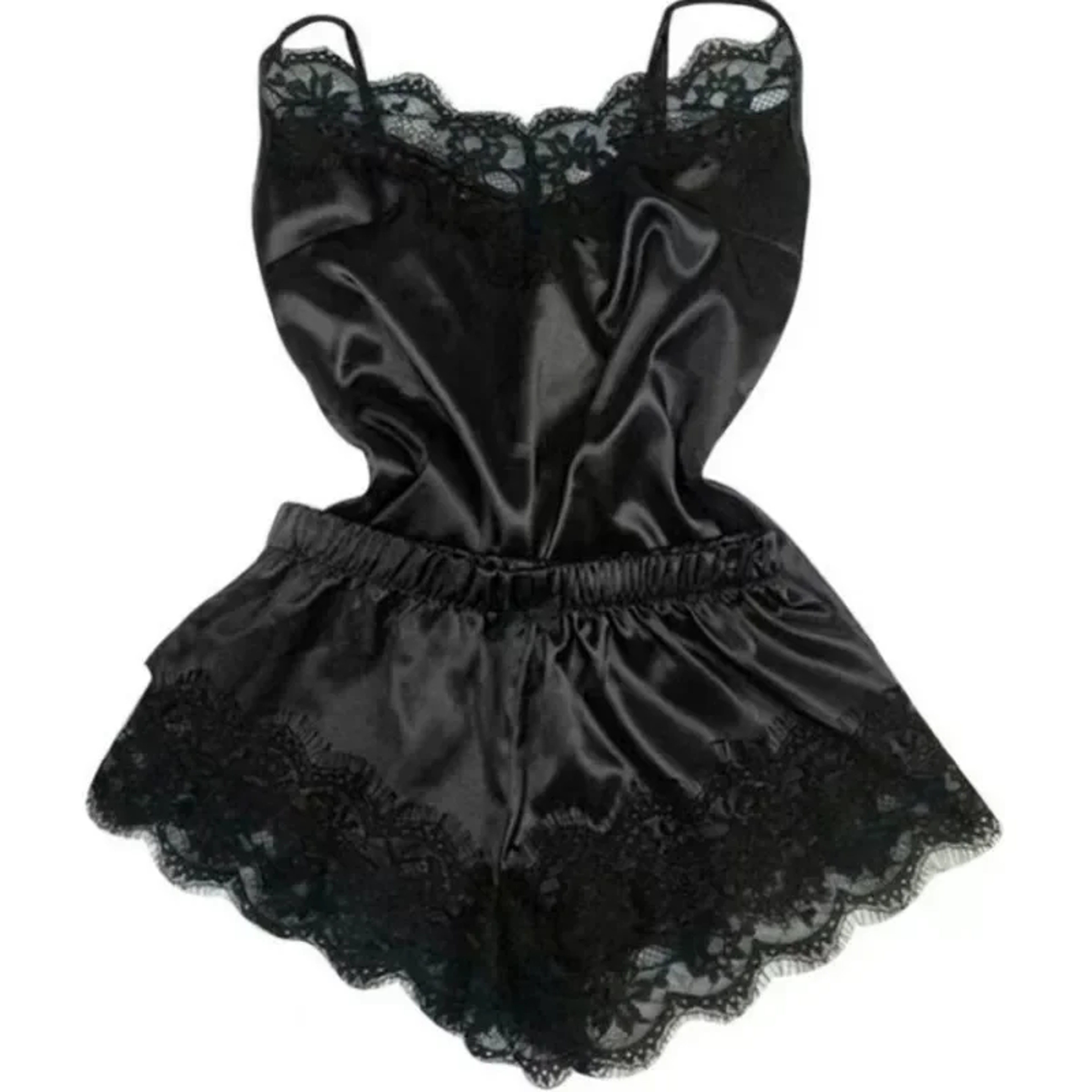 Sexy Lace Satin Pajama Set For Women VNeck Stretch Sleepwear Strap Vest Top Shorts Nightwear Linger 1