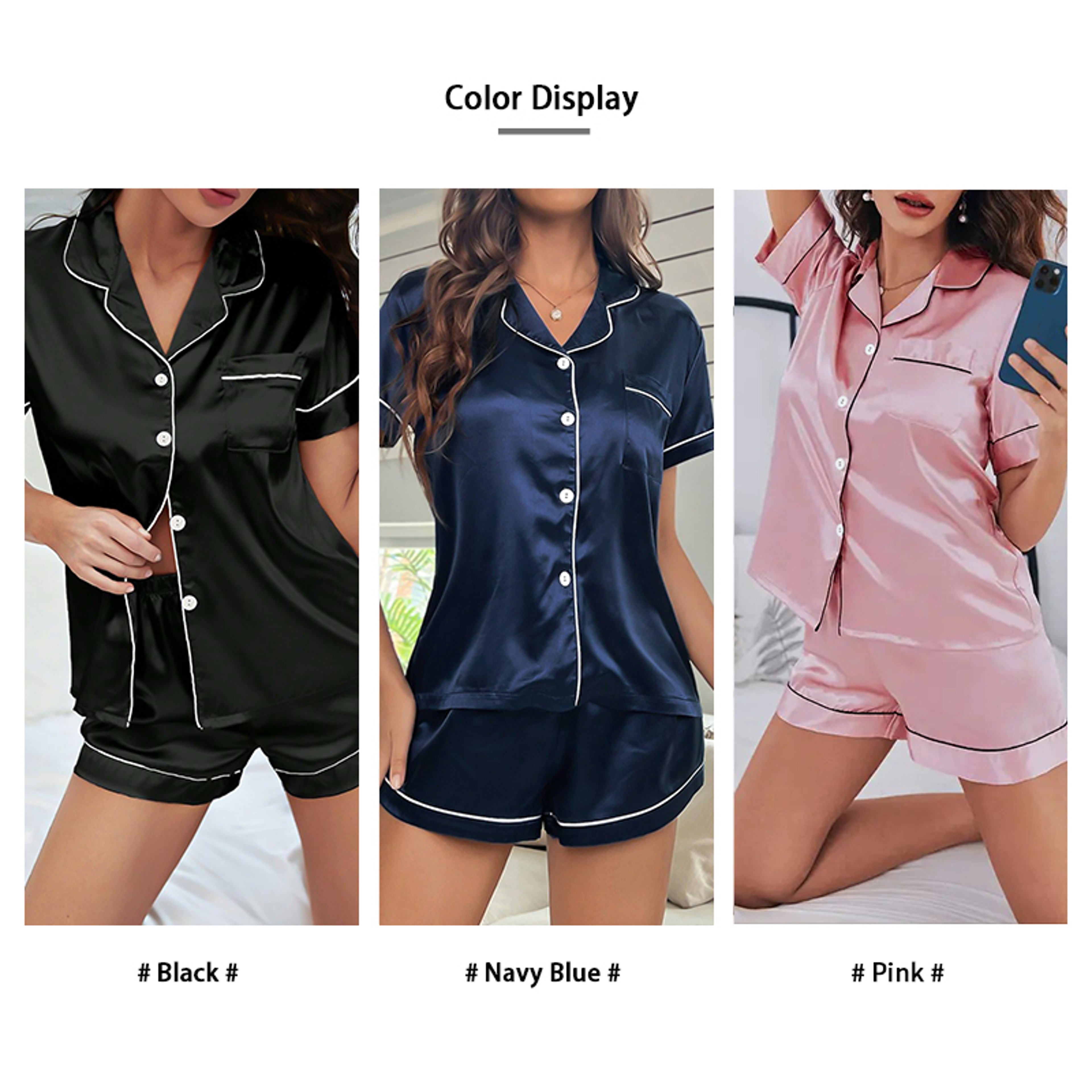 Women Summer Silk Satin Pajamas Set Button Down Top  Shorts Loungewear Nightwear With Notched Colla 2
