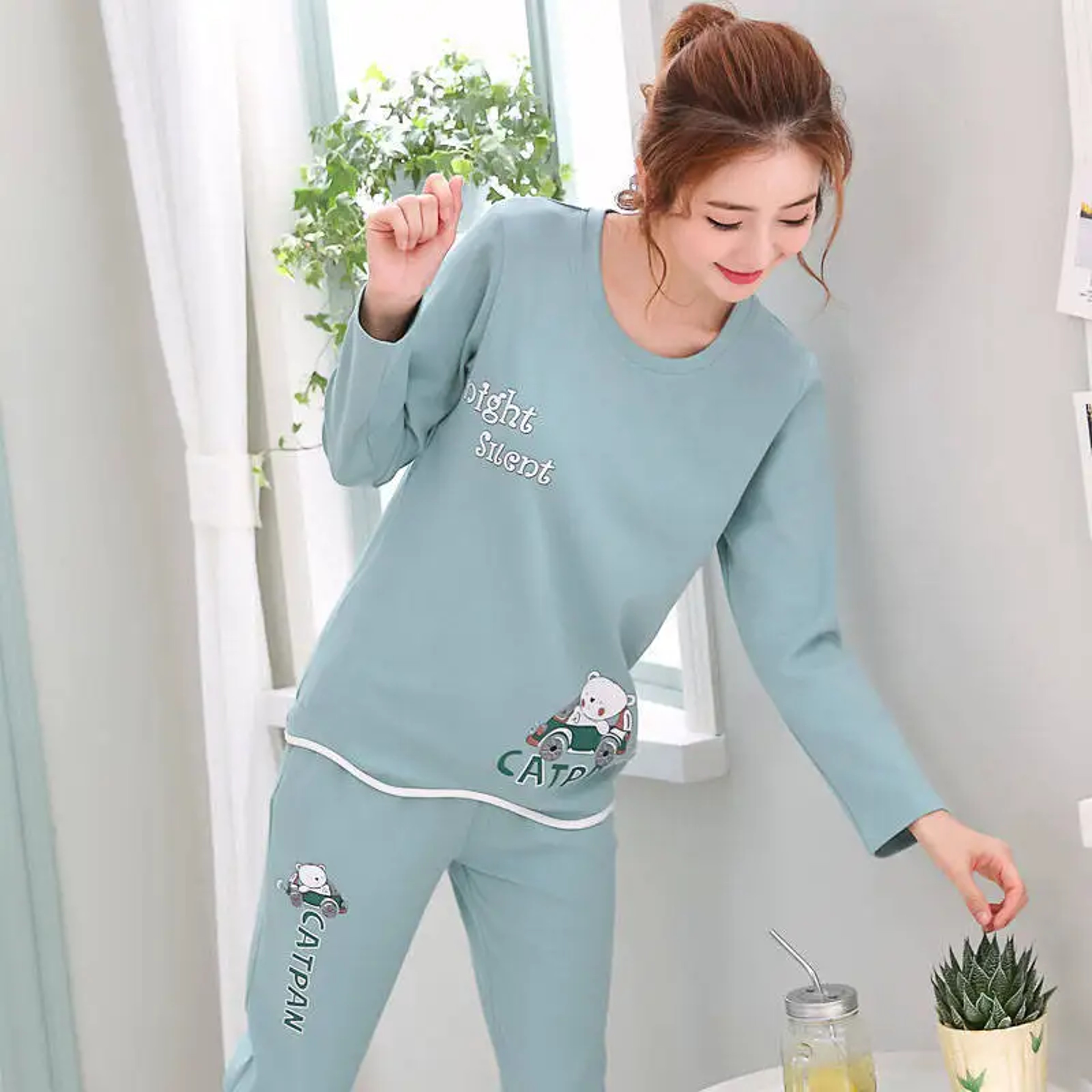 Women Autumn Thin Pyjamas Set Round Neck Bear Pajamas Teacup Cat Full Sleepwear Tops Lovers Pajama  1