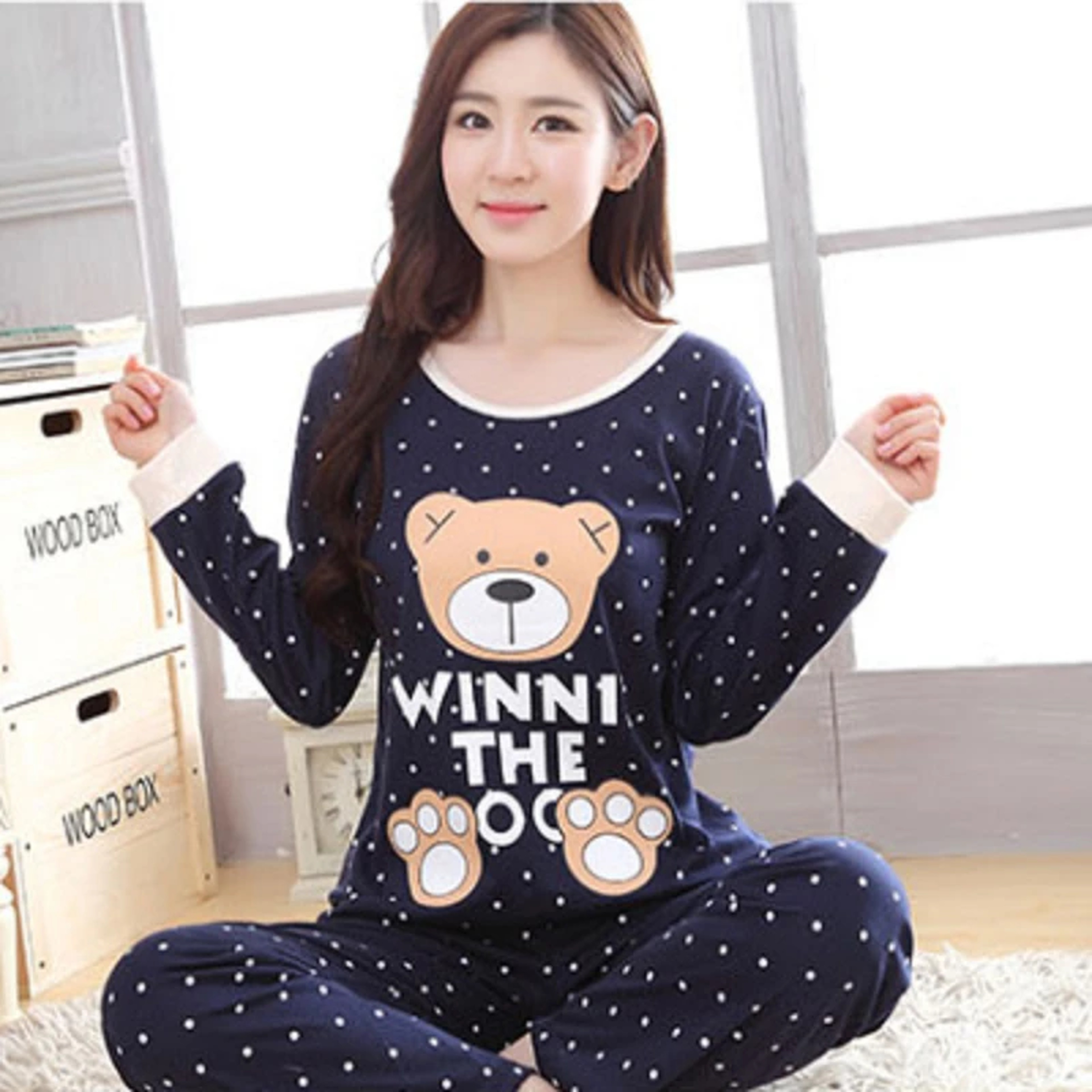 Women Autumn Thin Pyjamas Set Round Neck Bear Pajamas Teacup Cat Full Sleepwear Tops Lovers Pajama  7