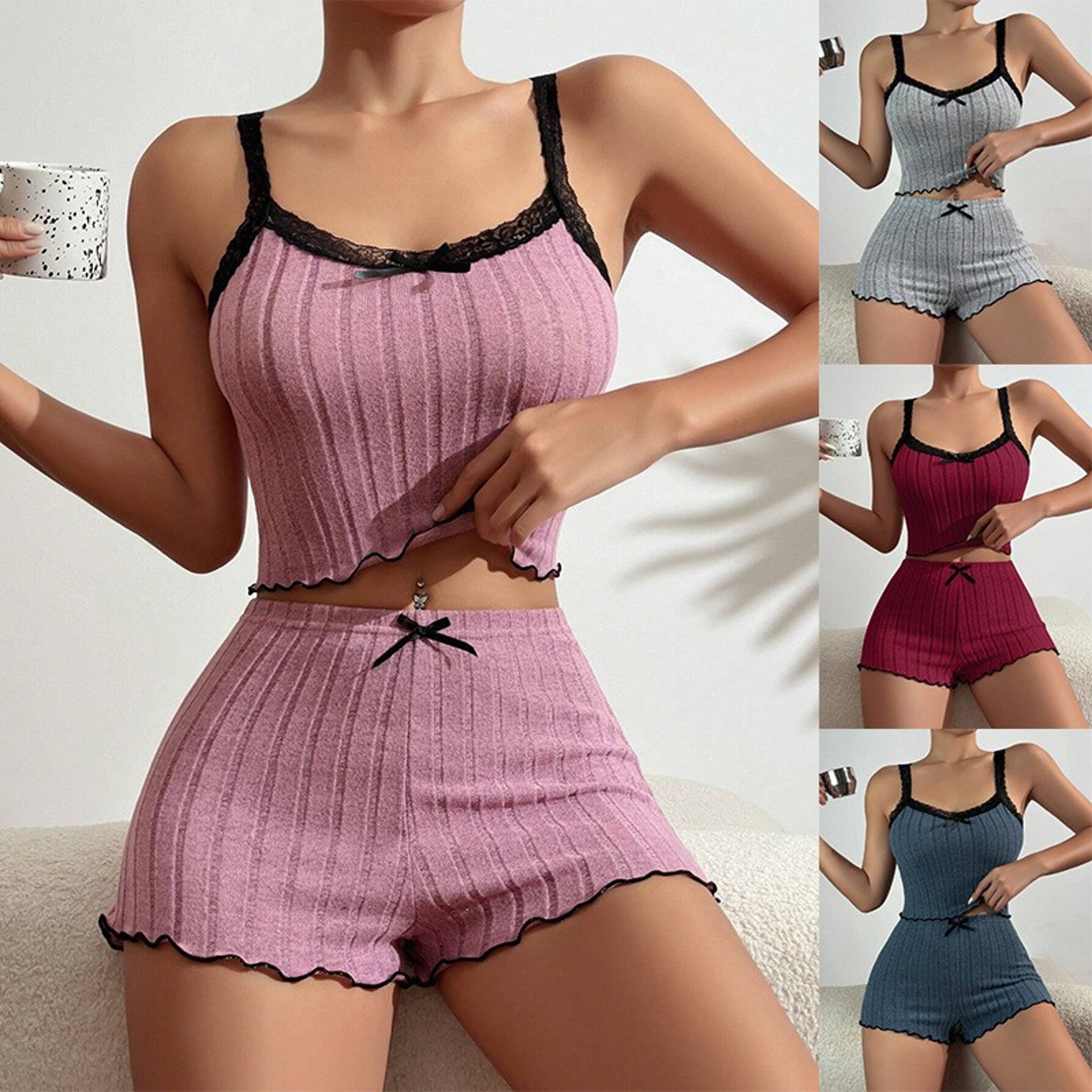 Summer Womens Ribbed Knit Pajama Set Lace Trim Bow Cami Top Lettuce Hem Shorts Soft Cute Sleepwear  0