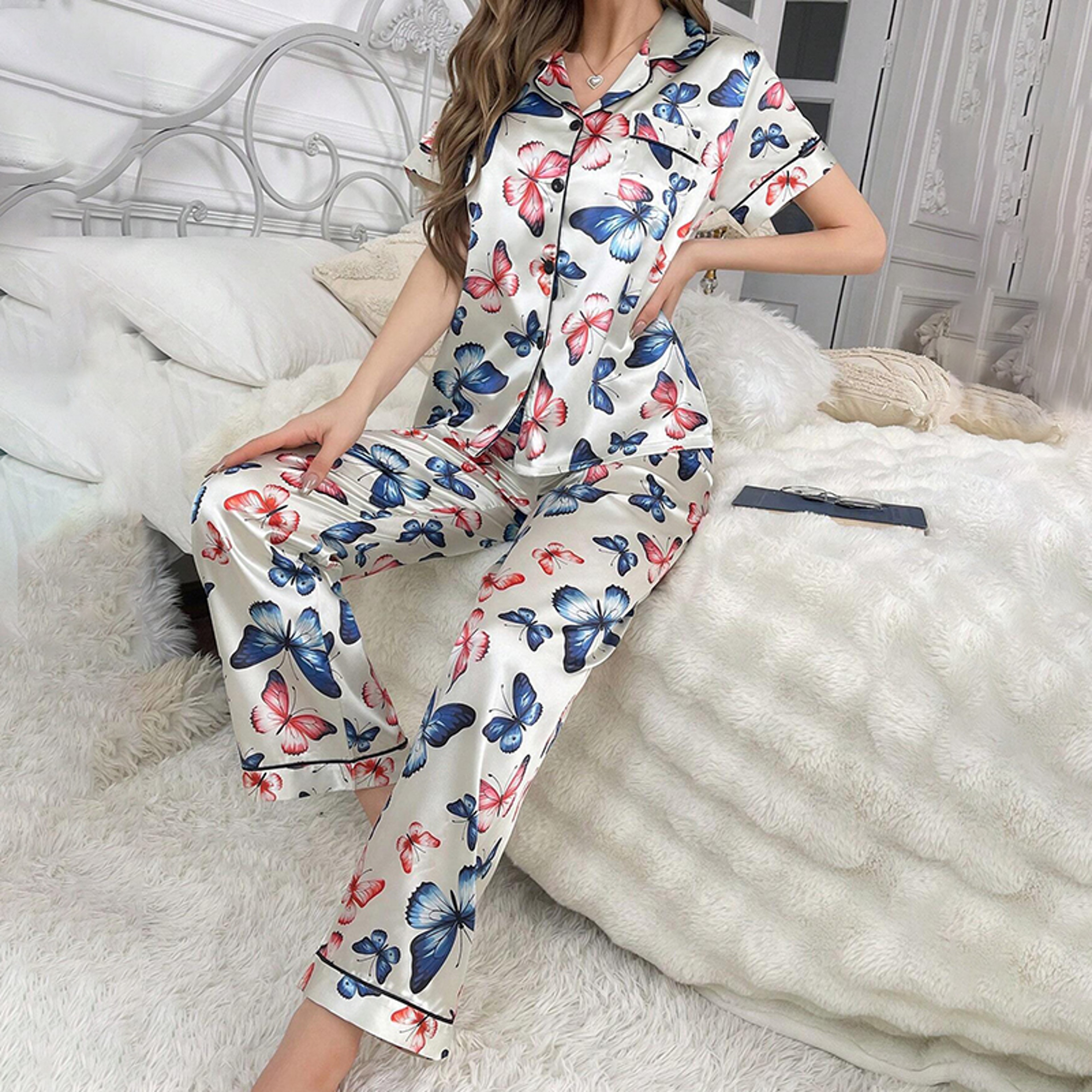 Autumn Womens Pajamas Sets Short Sleeve ButtonDown Pj Set Satin Loungewear Sleepwear Top  Pants Com 8